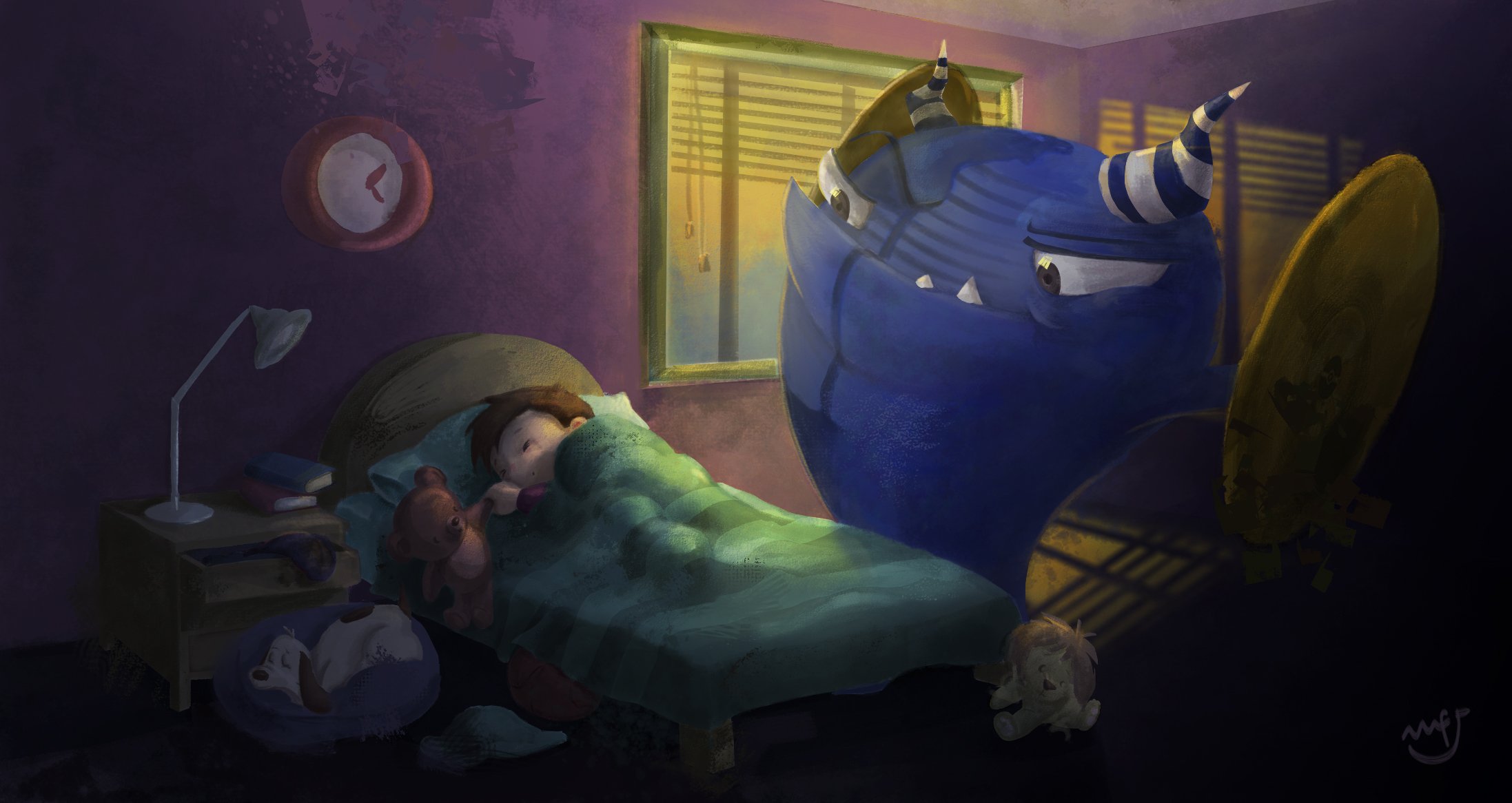Illustration of a big blue monster looking at a sleeping boy asleep in bed.