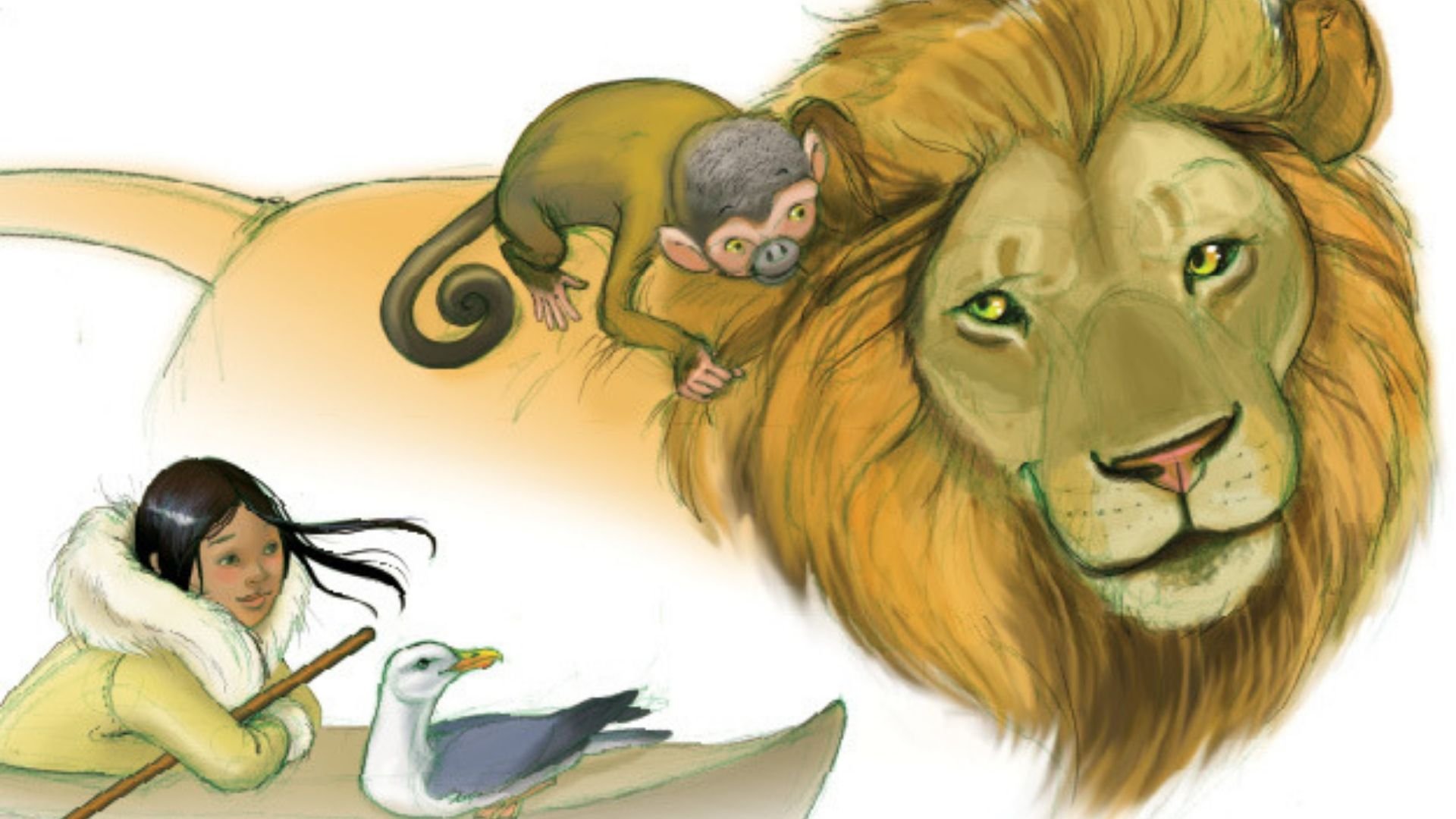 Illustration of a lion with a monkey on its back, a little dark haired girl in fur skin and a seagull.