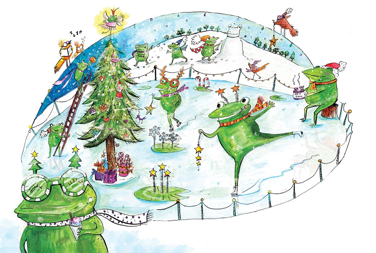 Illustration of green frogs in an icy winter scene with a decorated Christmas tree.
