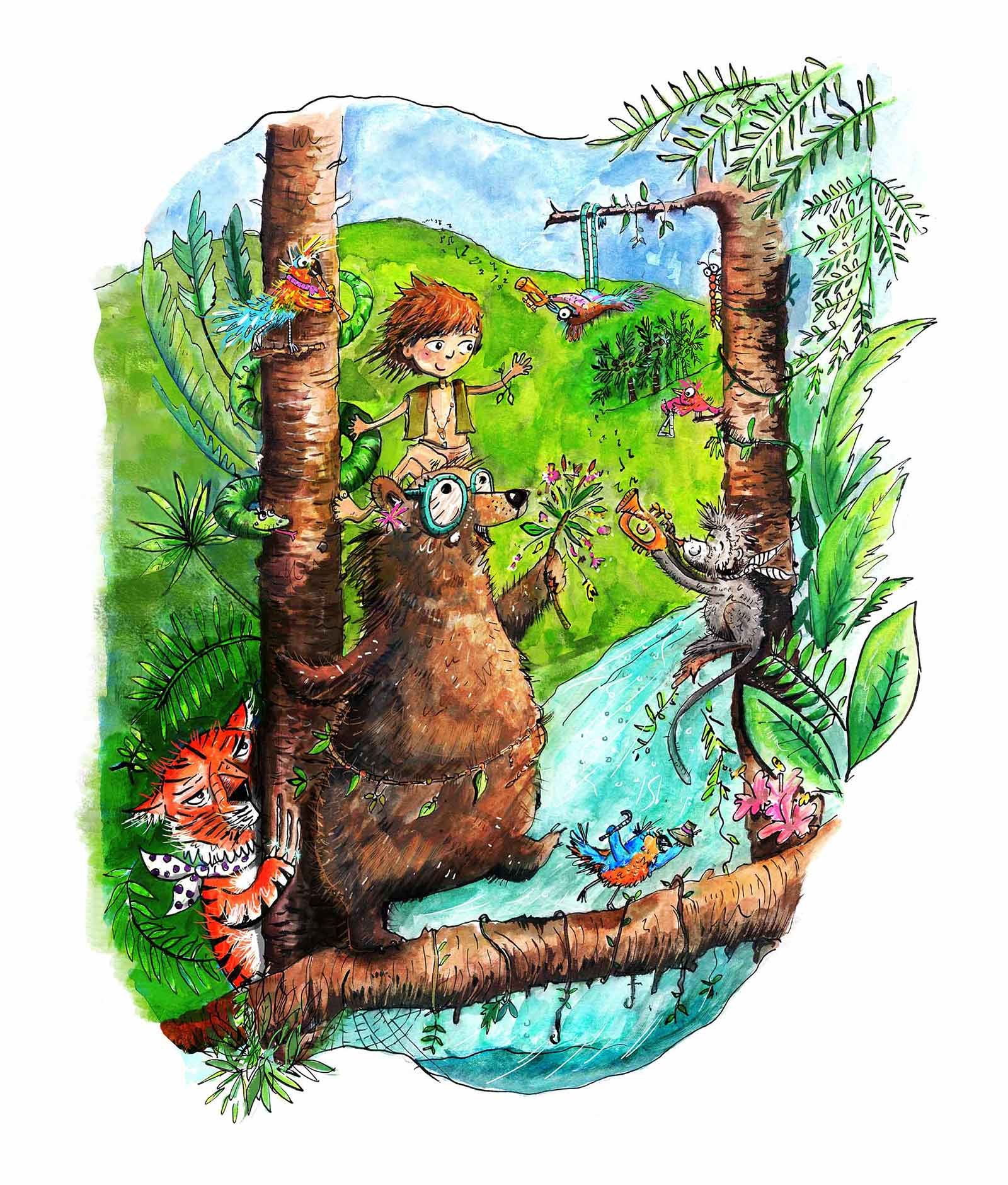 Illustration of a ginger haired kid standing on a bear's head in a tree. Tiger behind them and various creatures in a tree opposite.