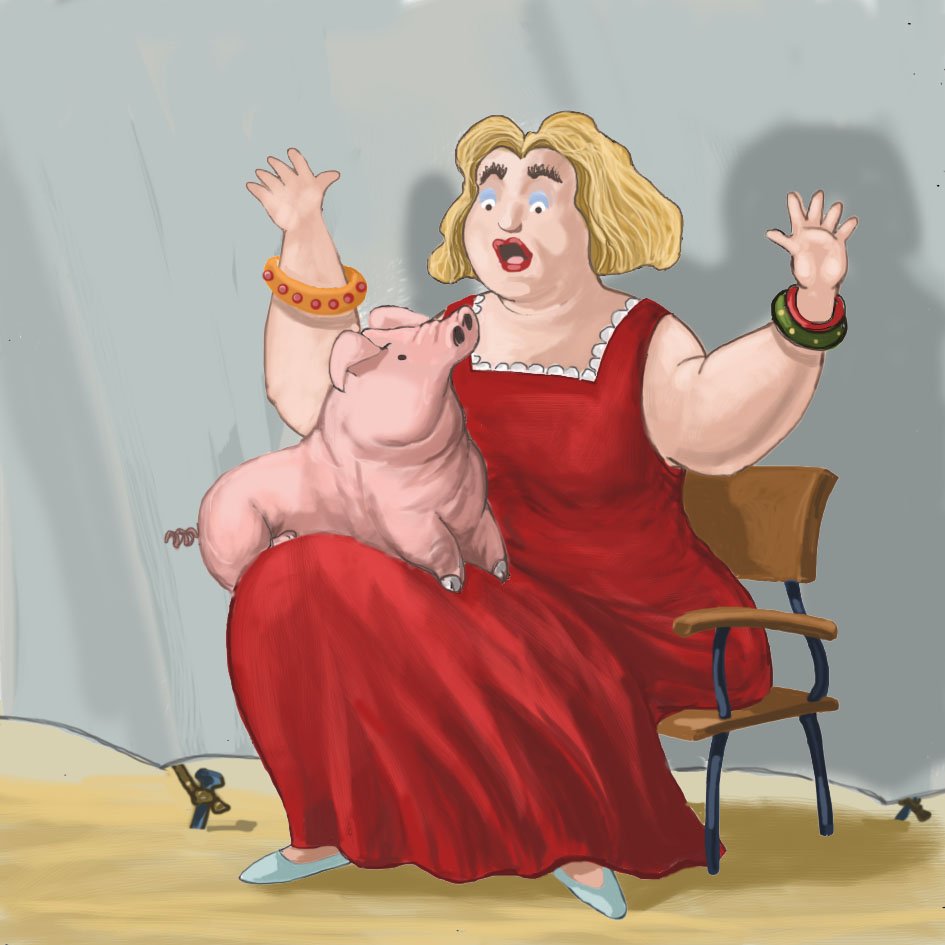 Illustration of a blonde haired lady sitting on a chair with a pink pig in her lap.