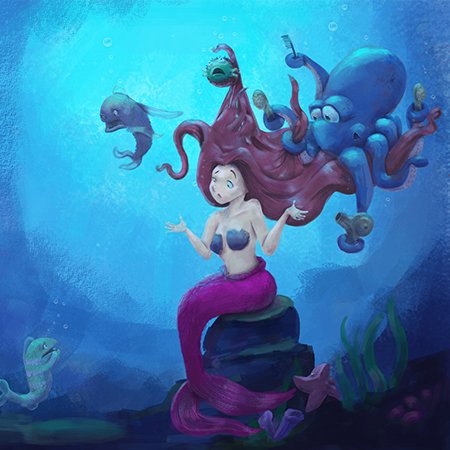 Illustration of a mermaid with an octopus in her hair talking to a fish.