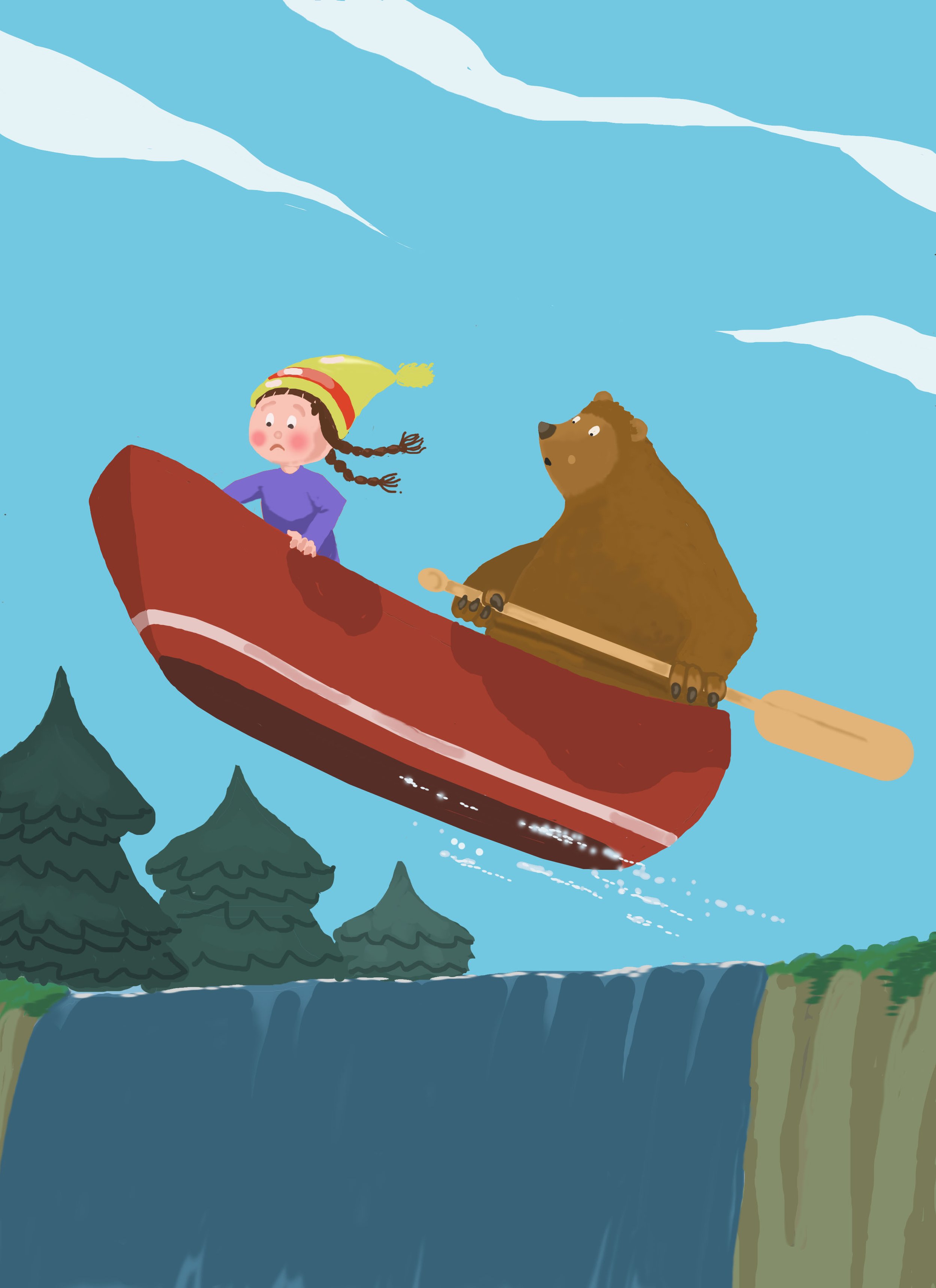Illustration of a kid in a hat and a brown bear flying off a waterfall in a canoe.