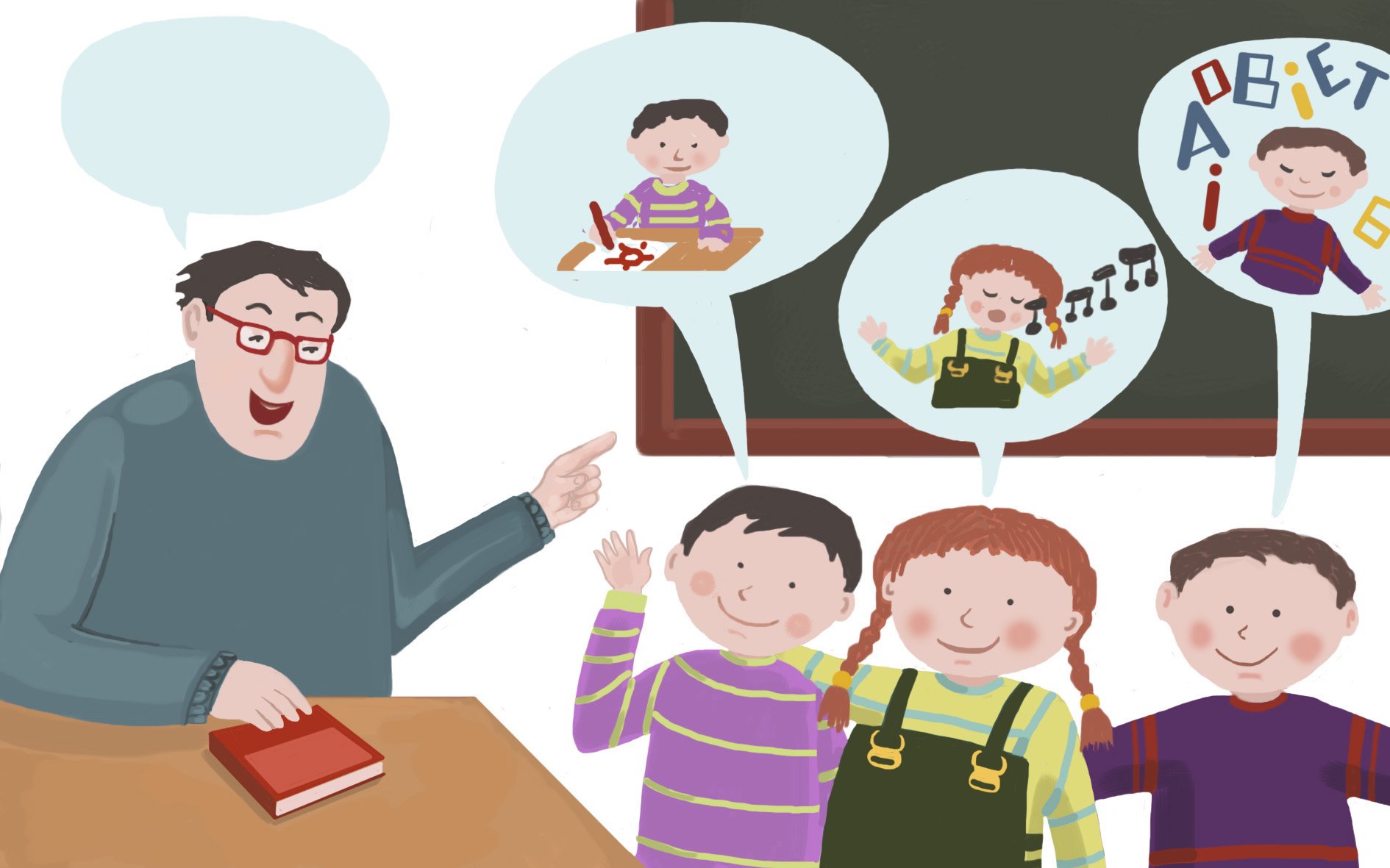 Illustration of a teacher and three kids with thought bubbles above their heads.