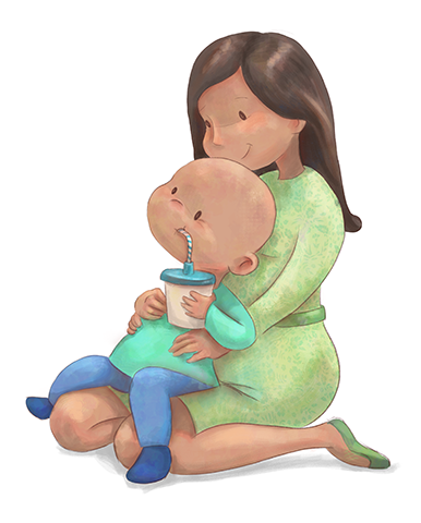 Illustration of a woman holding a baby drinking from a cup with a straw.