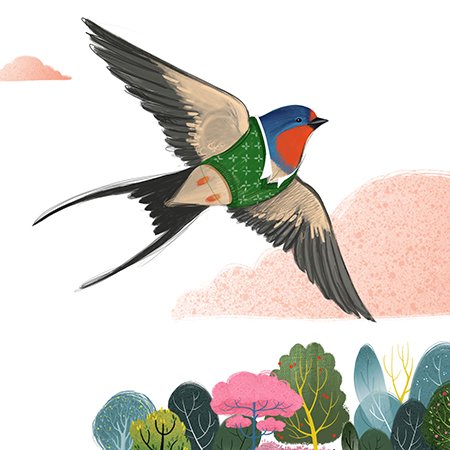 Illustration of a colourful swallow flying above trees.