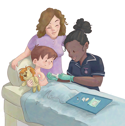 Illustration of a little boy in bed with a nurse and a woman.