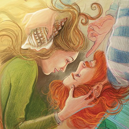 Illustration of a ginger haired man's head being held by a girl in green with a shell in her hair.