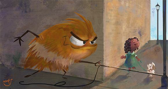 Illustration of a hairy monster holding a trip rope around the corner from a little girl and a puppy.