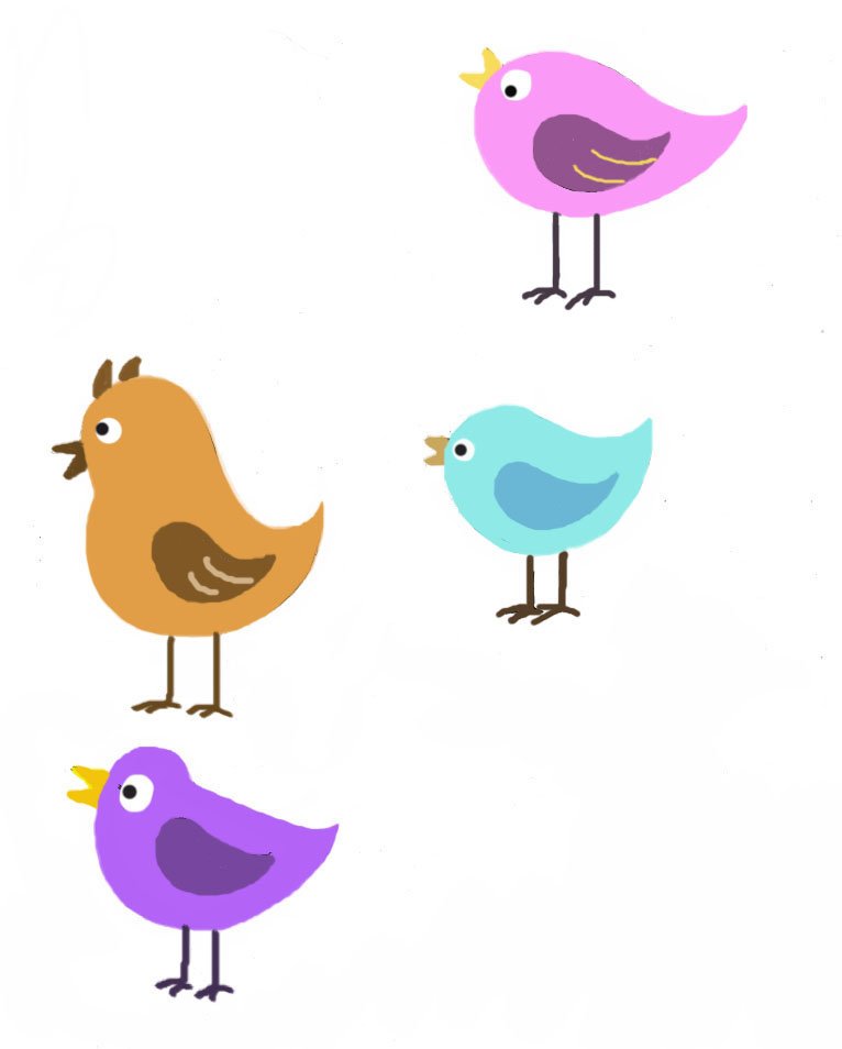 Illustration of four birds, pink, blue, purple and light brown.