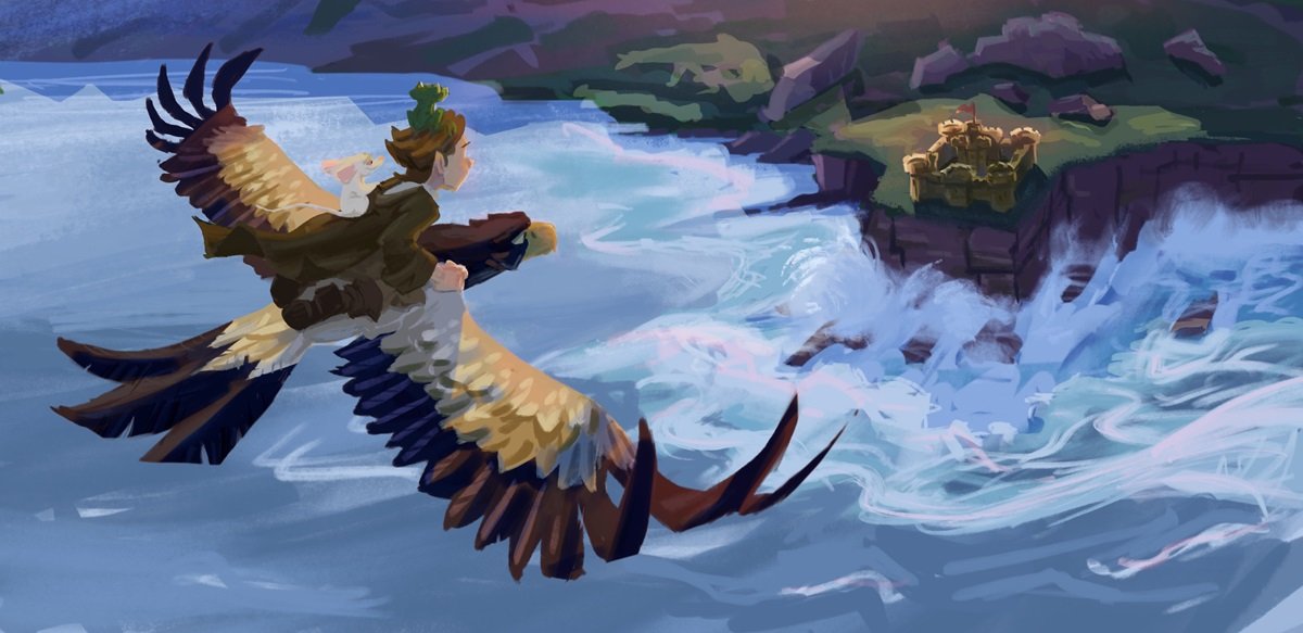 Illustration of a child riding an eagle over the sea, approaching a castle.
