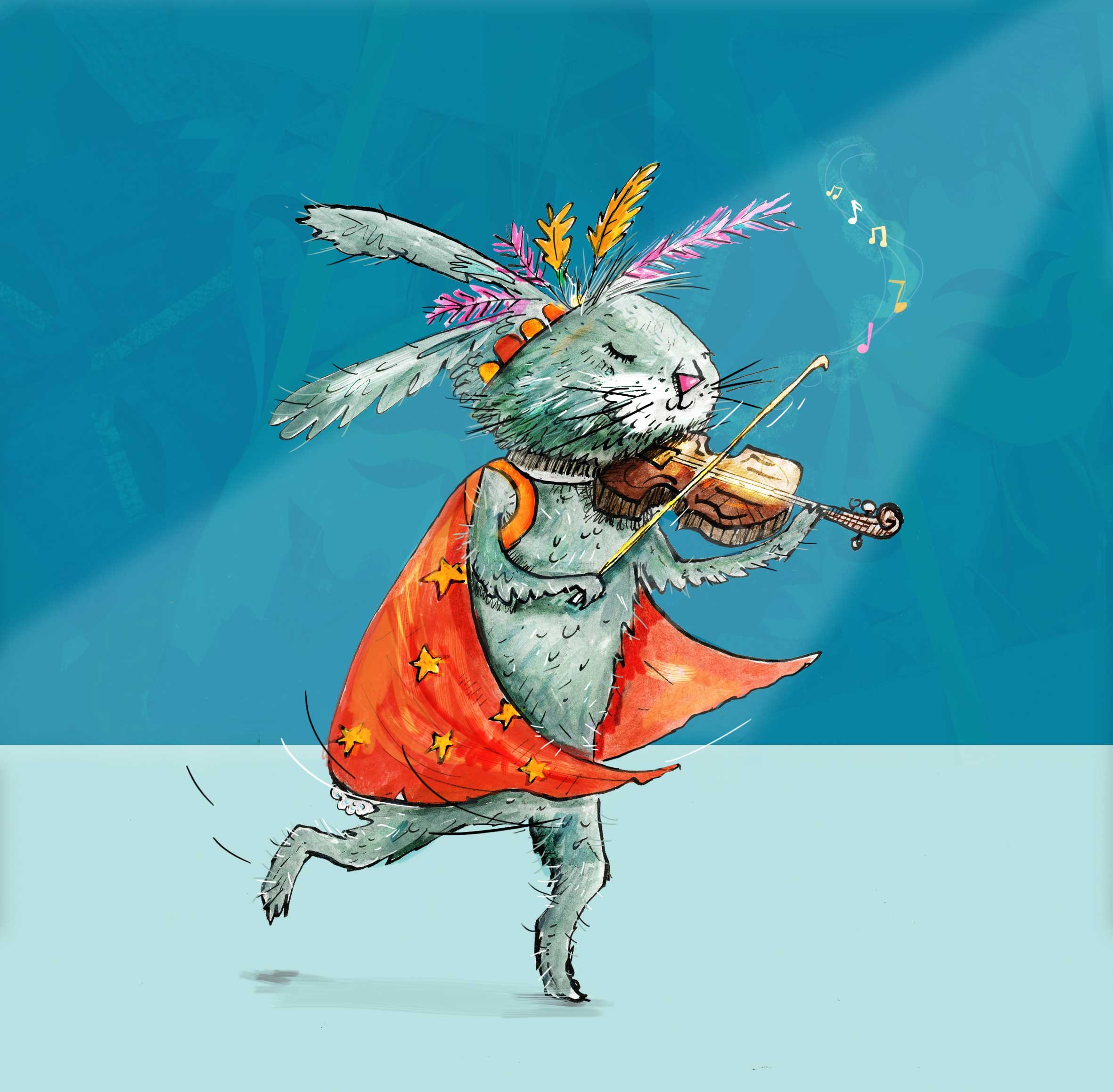 Illustration of a rabbit in a red cape, dancing and playing the violin.