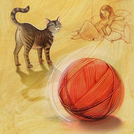 Illustration of an orange ball of wool, black and white cat and sketch of little girl.