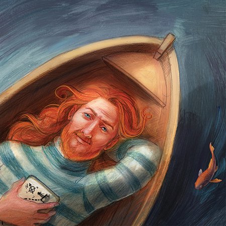 Illustration of a ginger haired man lying in a bost, orange fish in the sea.