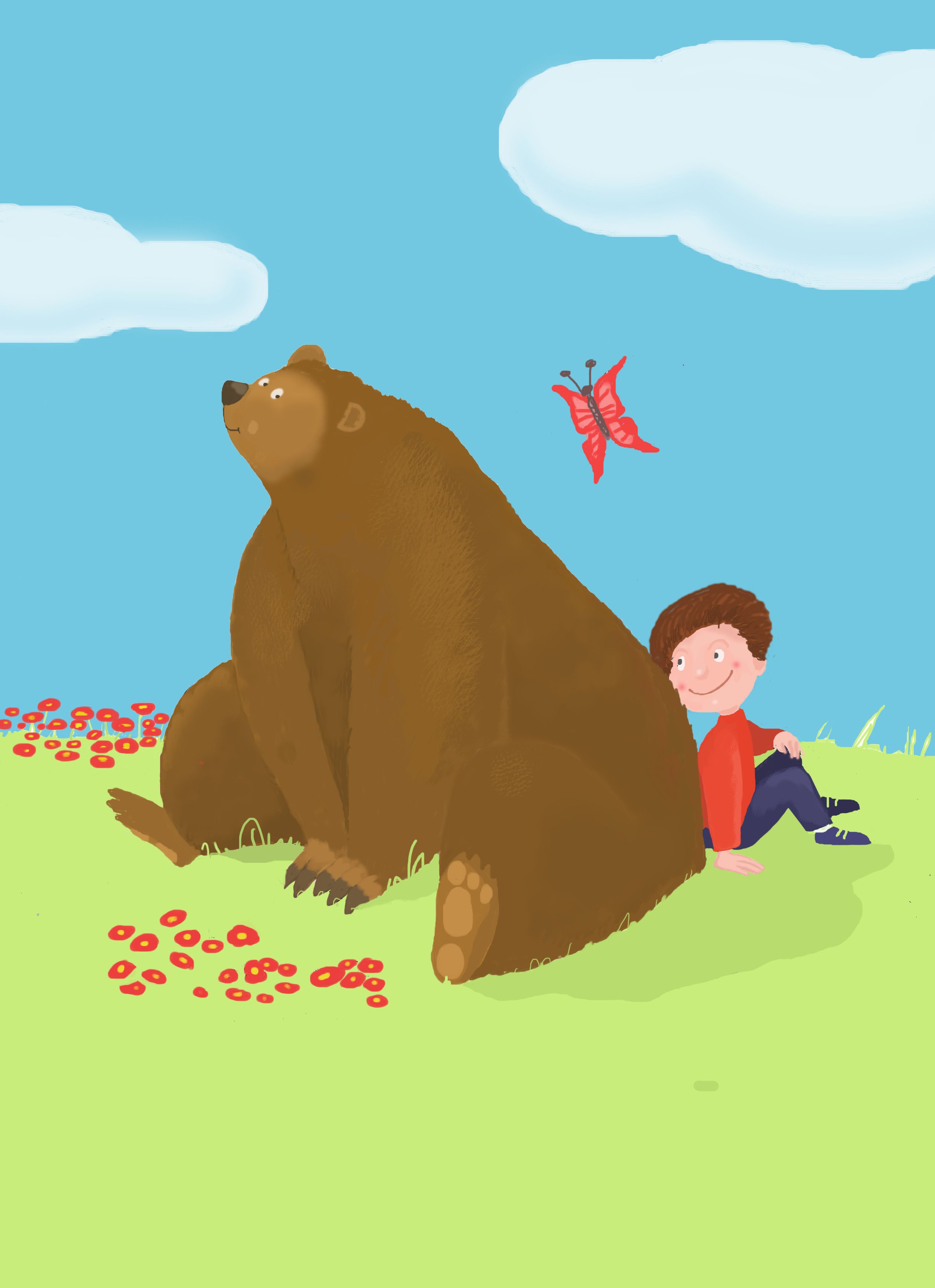 Illustration of a big brown bear and a kid sitting back to back, red butterfly flying above.