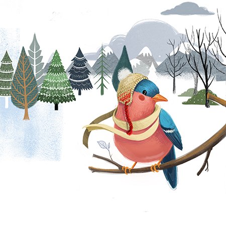 Illustration of a pink bird in a snowy scene with trees.