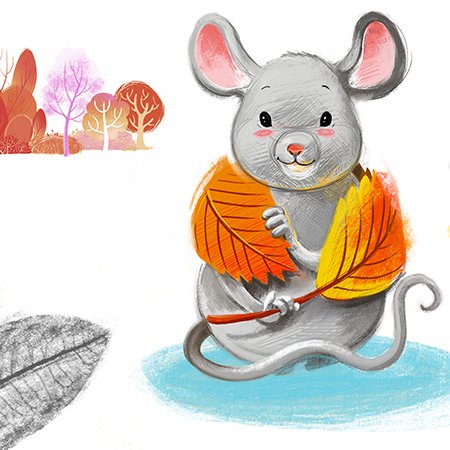 Illustration of a cute grey mouse wrapped in two brown autumn leaves.