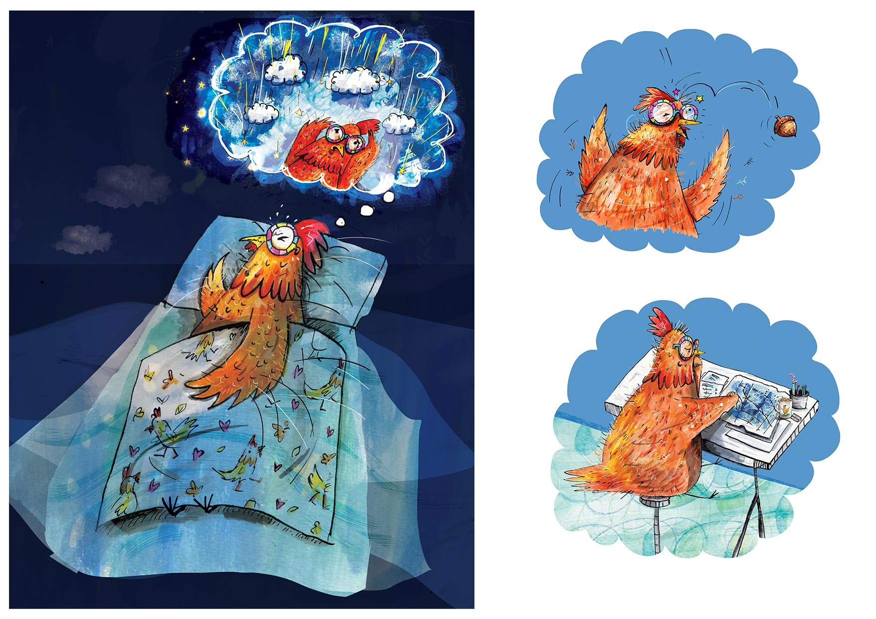 Illustration of a hen in bed, dream scene above and two illustrations of the hen doing activities.