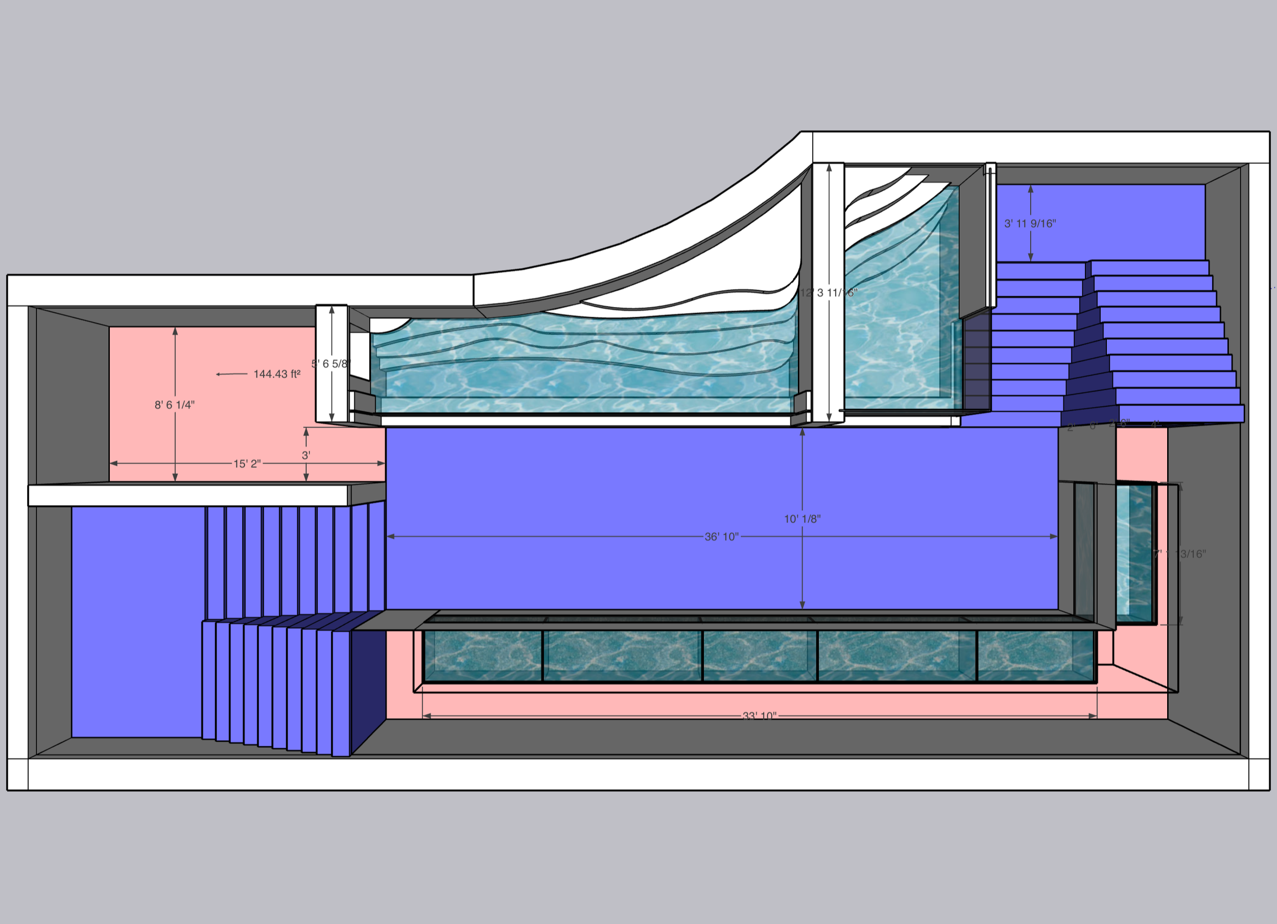 Top down view of the lower level, which would house all the aquariums and a dwarf crocodile exhibit.