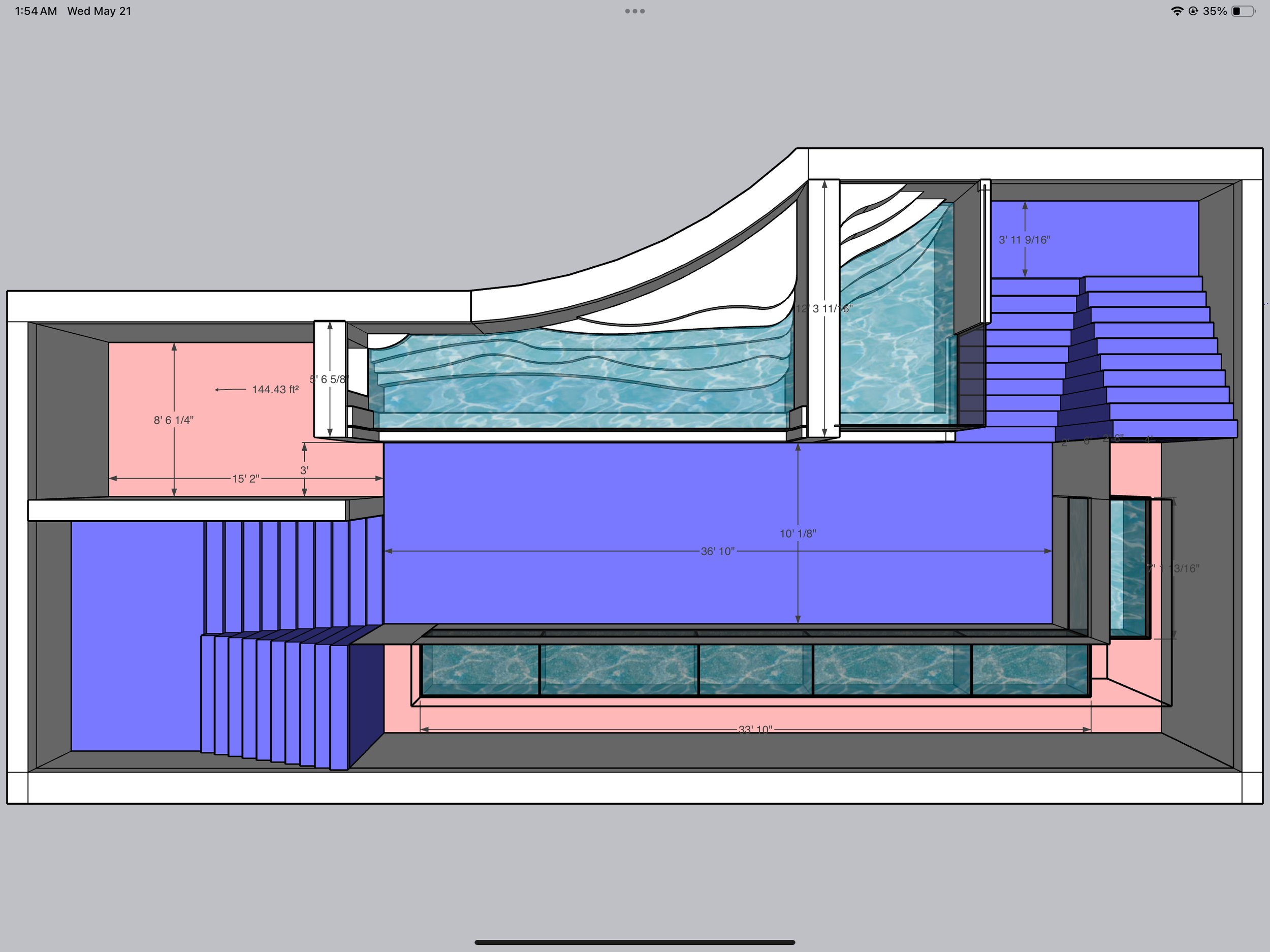 Top down view of the lower level, which would house all the aquariums and a dwarf crocodile exhibit.