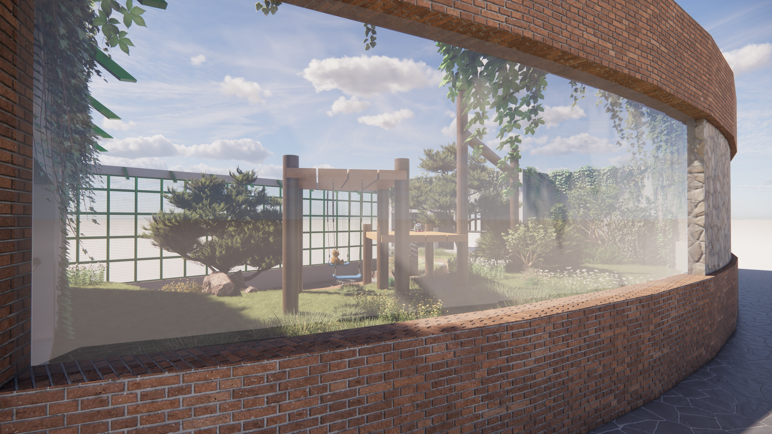 View from upper viewing window. Glass viewing panel allows for intimate encounters with the bears, something not yet possible at Central Zoo. Click image to view video walkthrough.
