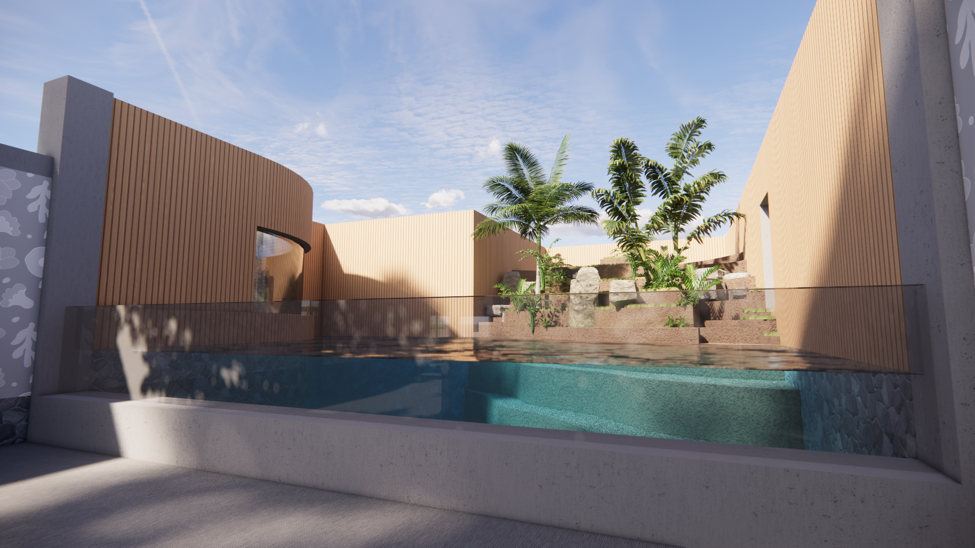 Render of the top section of the flooded river basin exhibit, potentially housing capybaras or sloths.