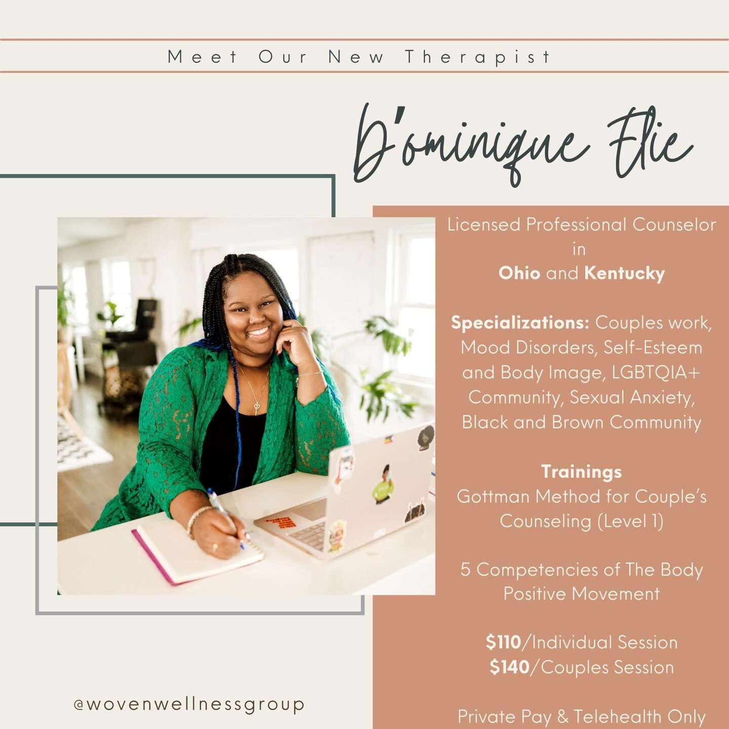 Introducing our new therapist, D'ominique Elie, M.A., LPC, LPCA! 

D'ominique is licensed in both Ohio and Kentucky and has availability in the evenings. She is currently private pay and seeing clients through Telehealth. 

Head to our website to see