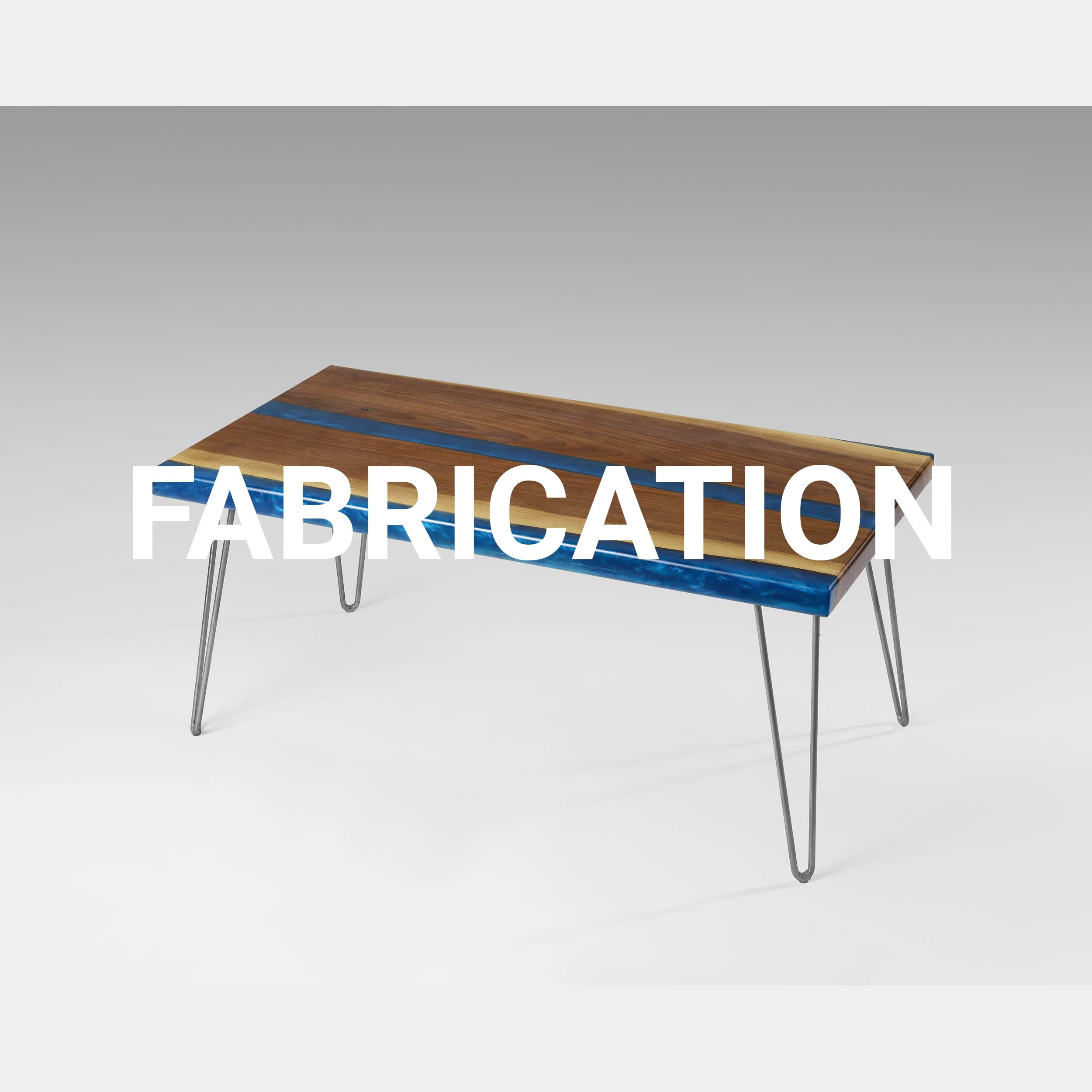 A rectangular wooden table with hairpin metal legs, featuring a blue resin inlay design, set against a plain background with the word 'FABRICATION' overlaid in white text.