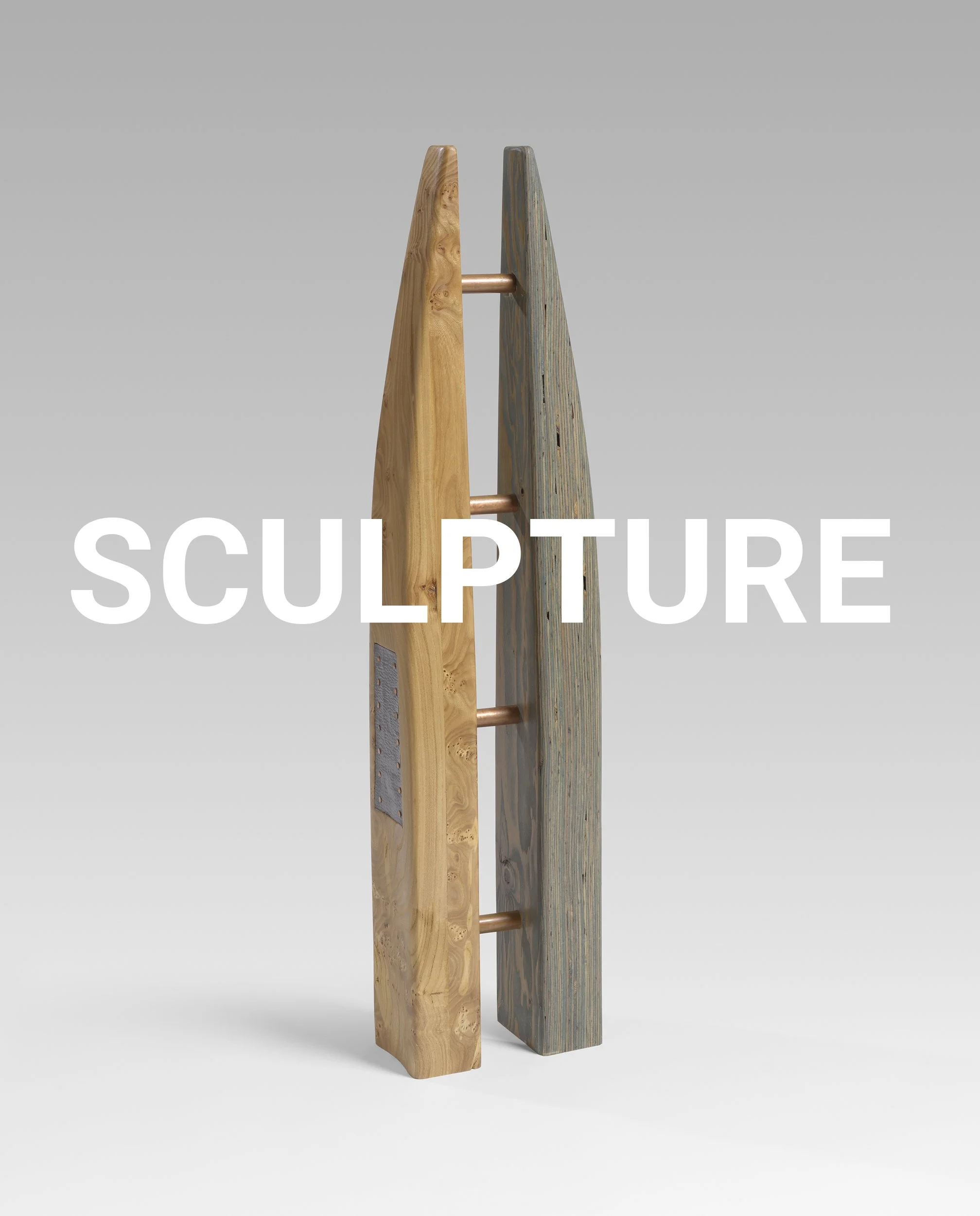 Two wooden sculptures side by side with the word 'SCULPTURE' overlaid.