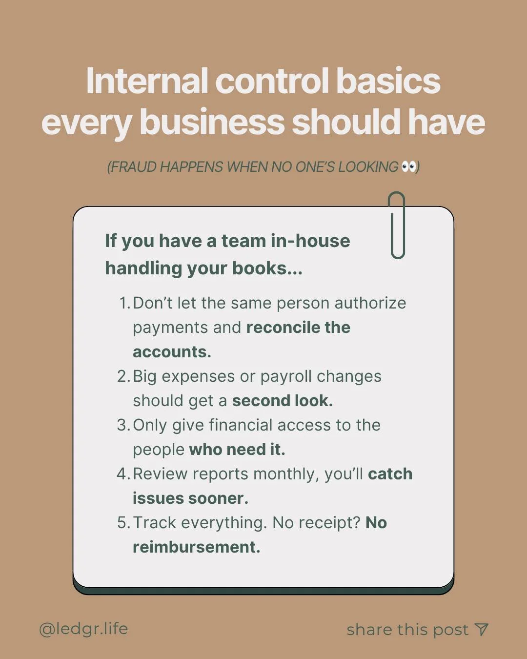 Fraud doesn&rsquo;t wait. Put internal controls in place before you think you need them.

Want to catch problems early? Review your financials every month and know exactly where to look.

That&rsquo;s how you catch the quiet stuff before it gets loud
