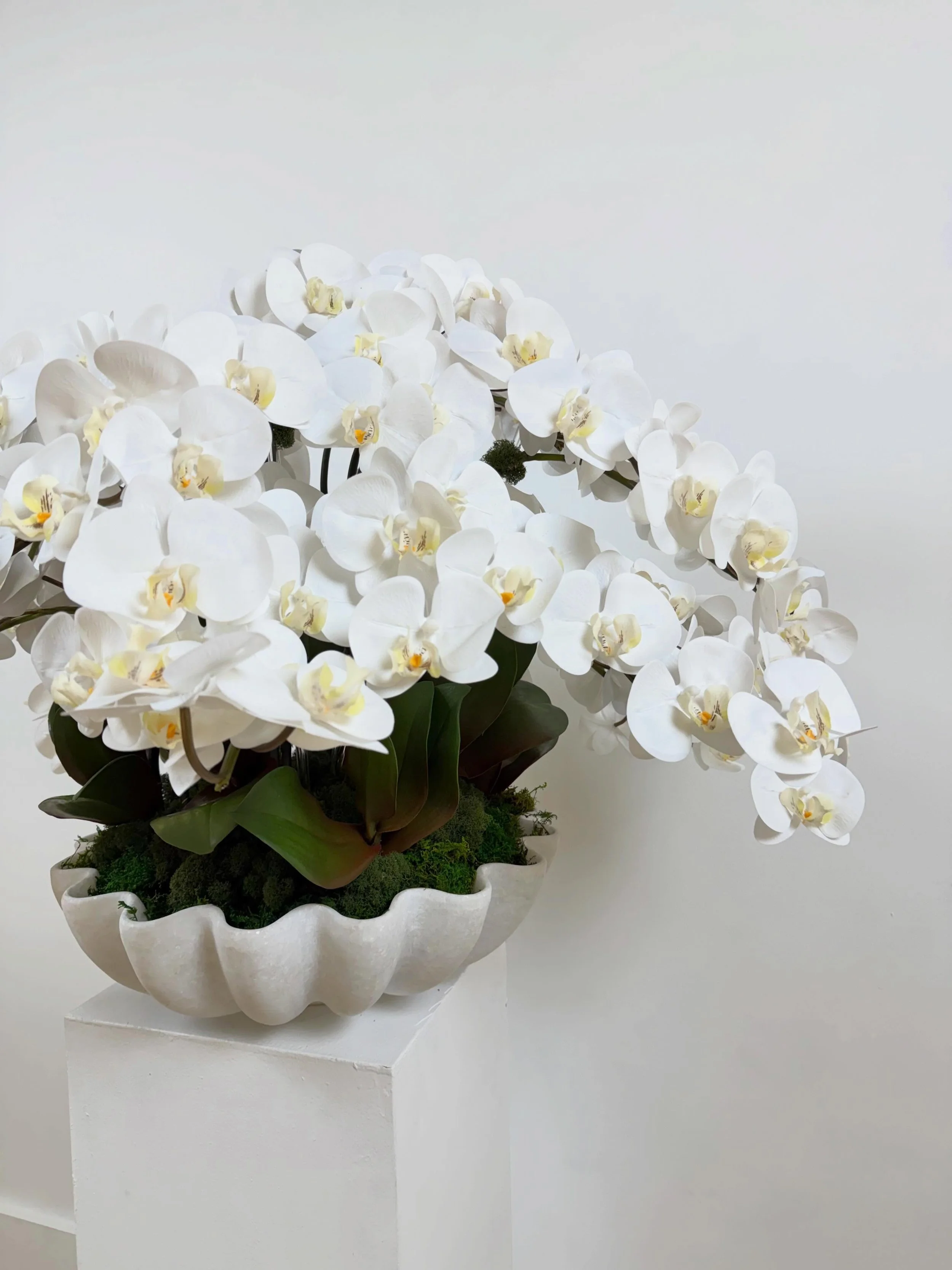 A statement piece designed to bring softness and scale to an oversized island.
Layers of cascading white orchids arranged in a sculptural marble bowl create a clean, timeless focal point that still feels organic and inviting.

The movement, texture, 