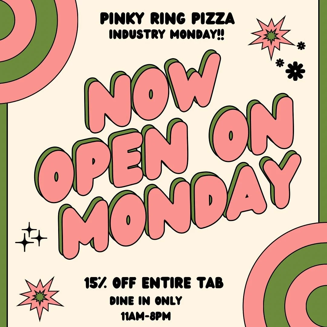 We&rsquo;re open Mondays now! 
15% off your tab. Dine-in only, 11AM&ndash;8PM.
Come through.
#PinkyRingPizza #IndustryMonday #NashvillePizza #SupportLocal#nashvilleguru #musicshitty