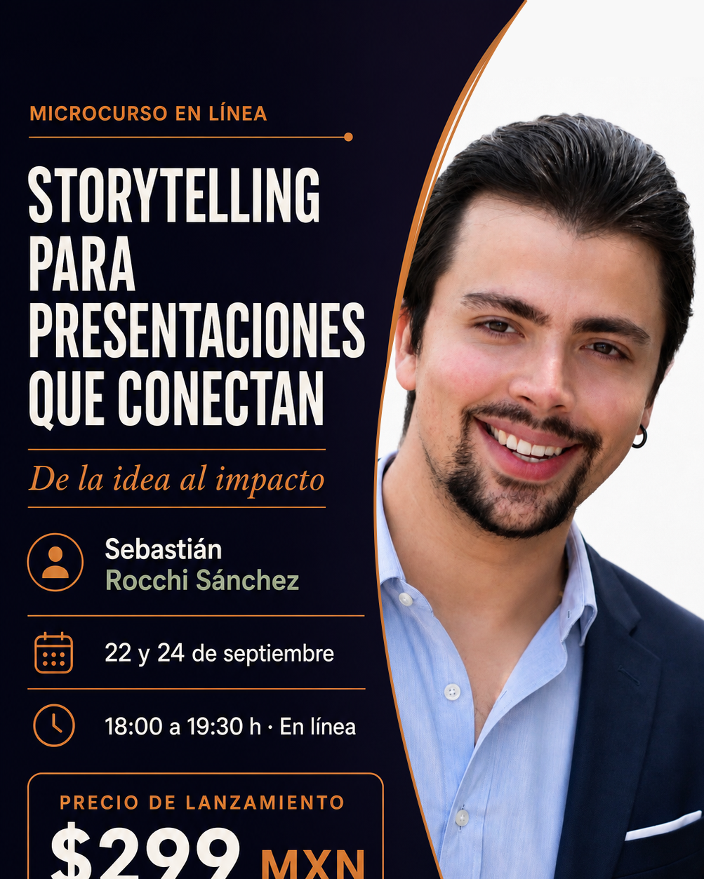 Flyer del microcurso de storytelling con Sebastián Rocchi Sánchez, sin código QR visible