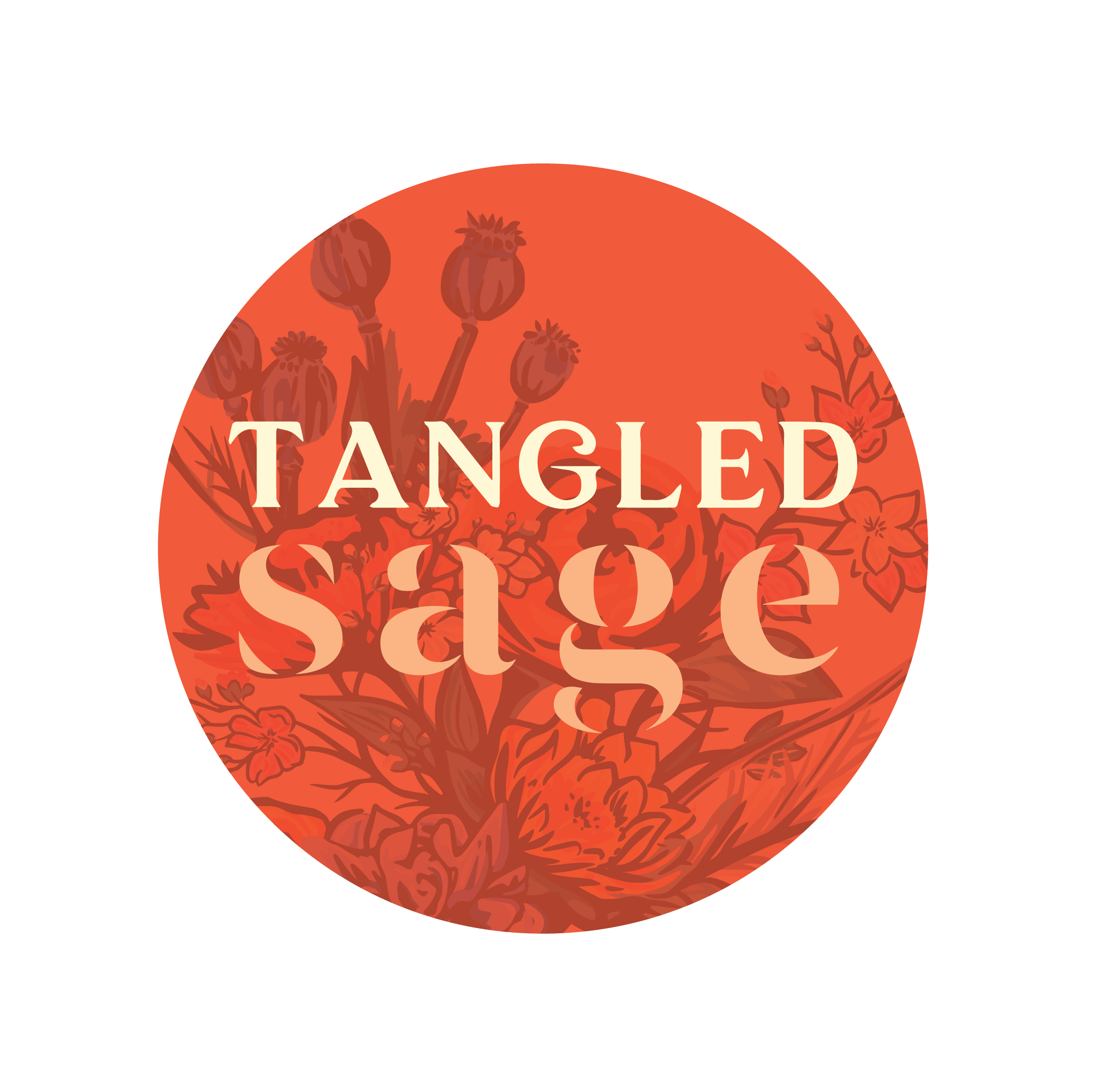 A circular logo with an orange background featuring illustrated flowers and the text 'Tangled Sage' in white, with 'Tangled' above and 'Sage' below.
