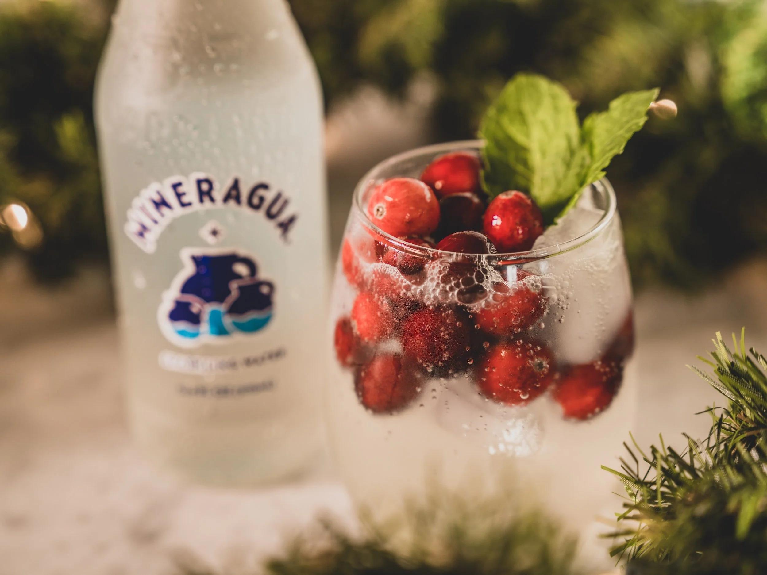 A glass filled with sparkling water, ice, red berries, and a green mint leaf, with a bottle of mineral water labeled "Mineragua" in the background, surrounded by greenery.