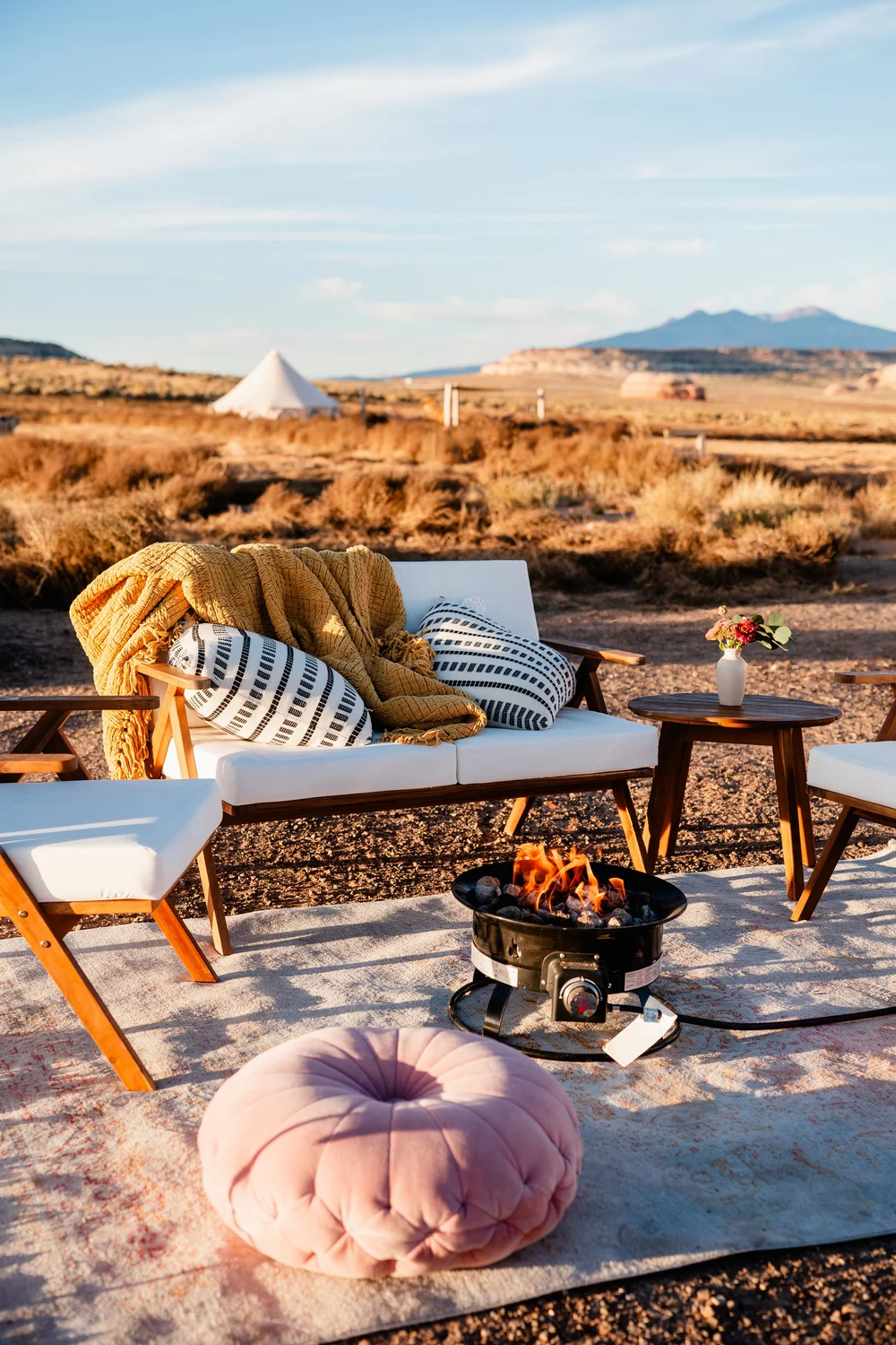 A cozy desert lounge at dusk