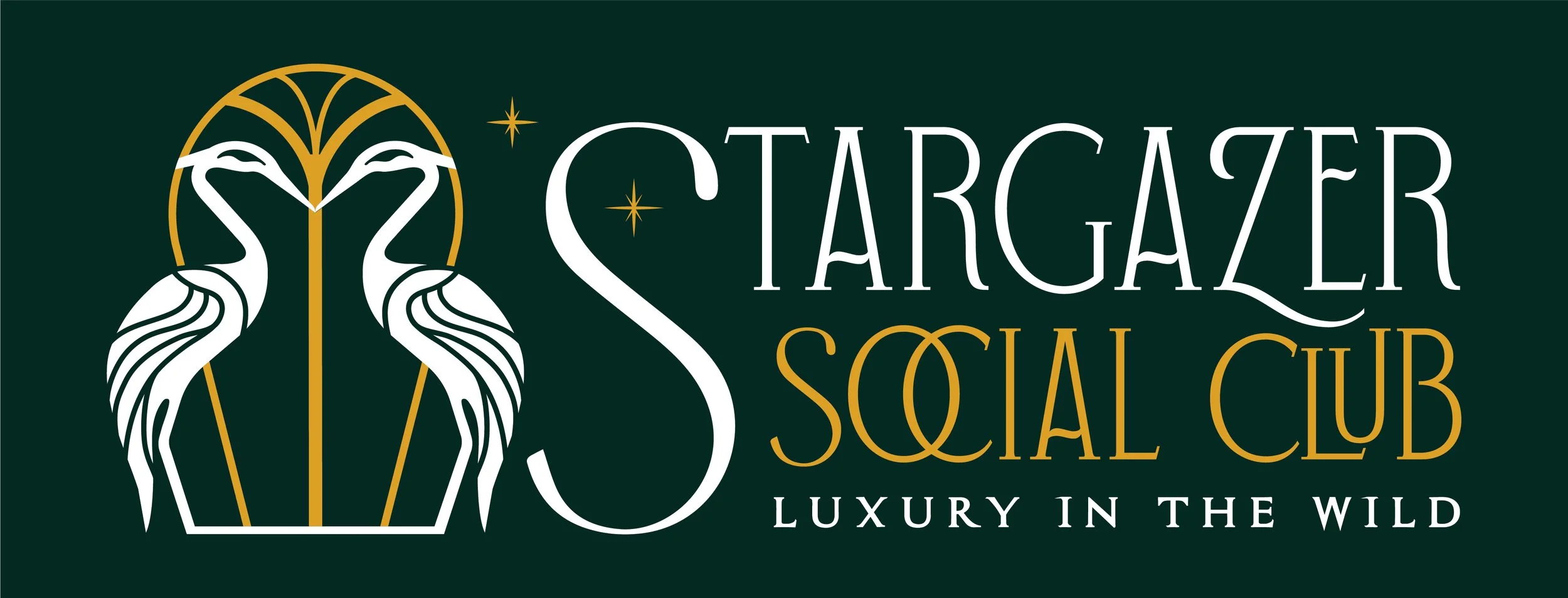 Logo for Stargazer Social Club featuring two stylized stargazing swans facing each other with stars above, and the text 'Stargazer Social Club' and 'Luxury in the Wild'.