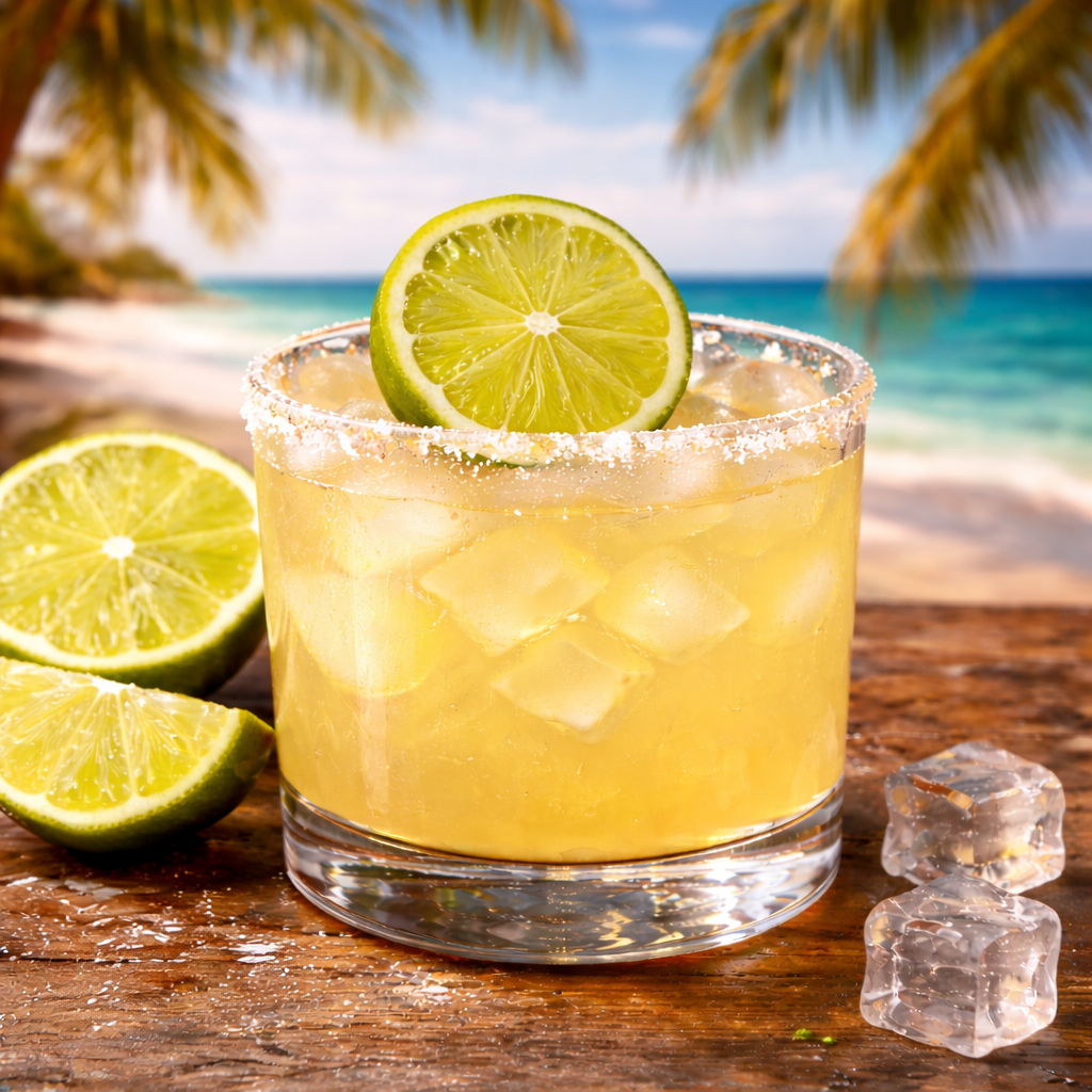 Three glasses of margarita cocktails with salted rims and lime wedges on a wooden table.