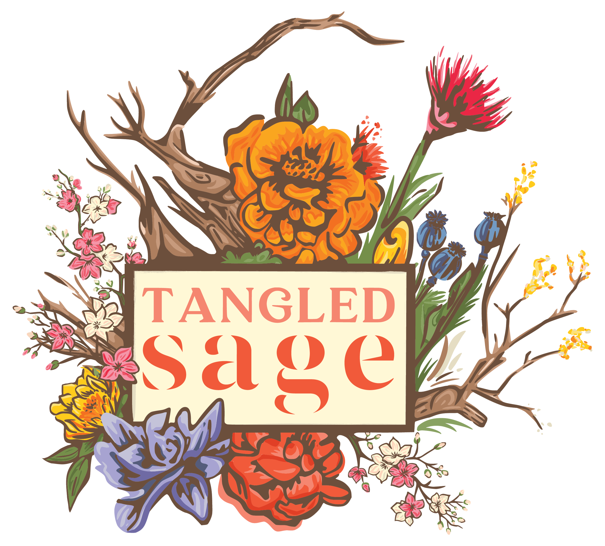 Decorative illustration with flowers, twigs, and a sign that reads 'Tangled Sage'.