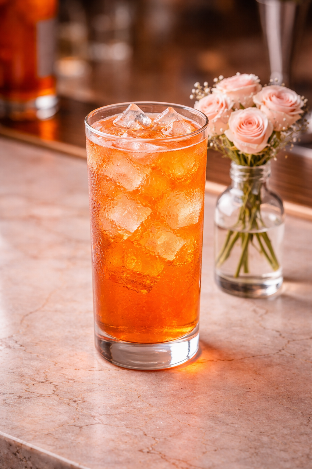 Two glasses of rosé wine with ice cubes on a black and white striped napkin. Behind the glasses are bottles of gin, Aperol, and Lillet, labeled and arranged on a wooden surface.