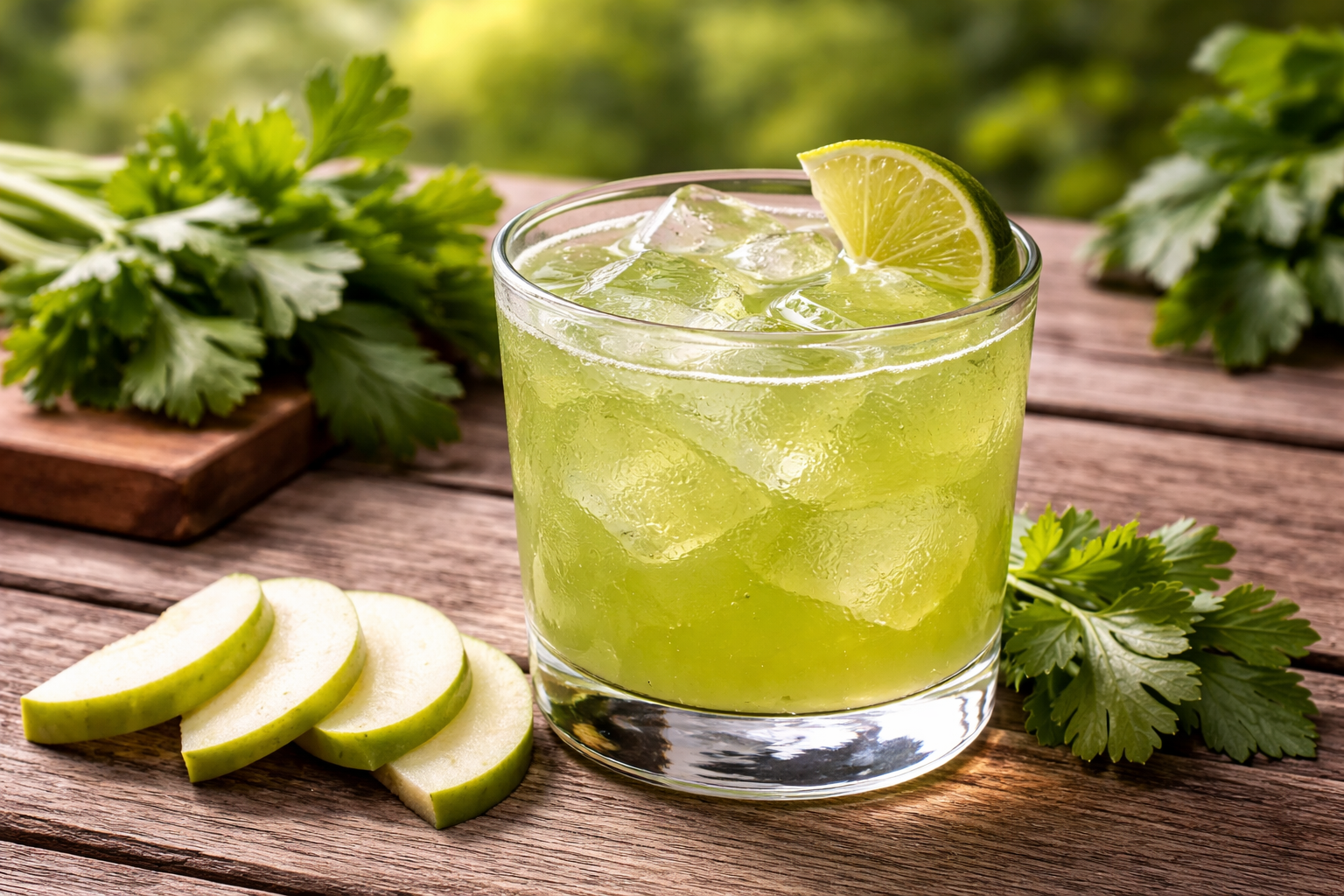 A light green mocktail with a lime wedge