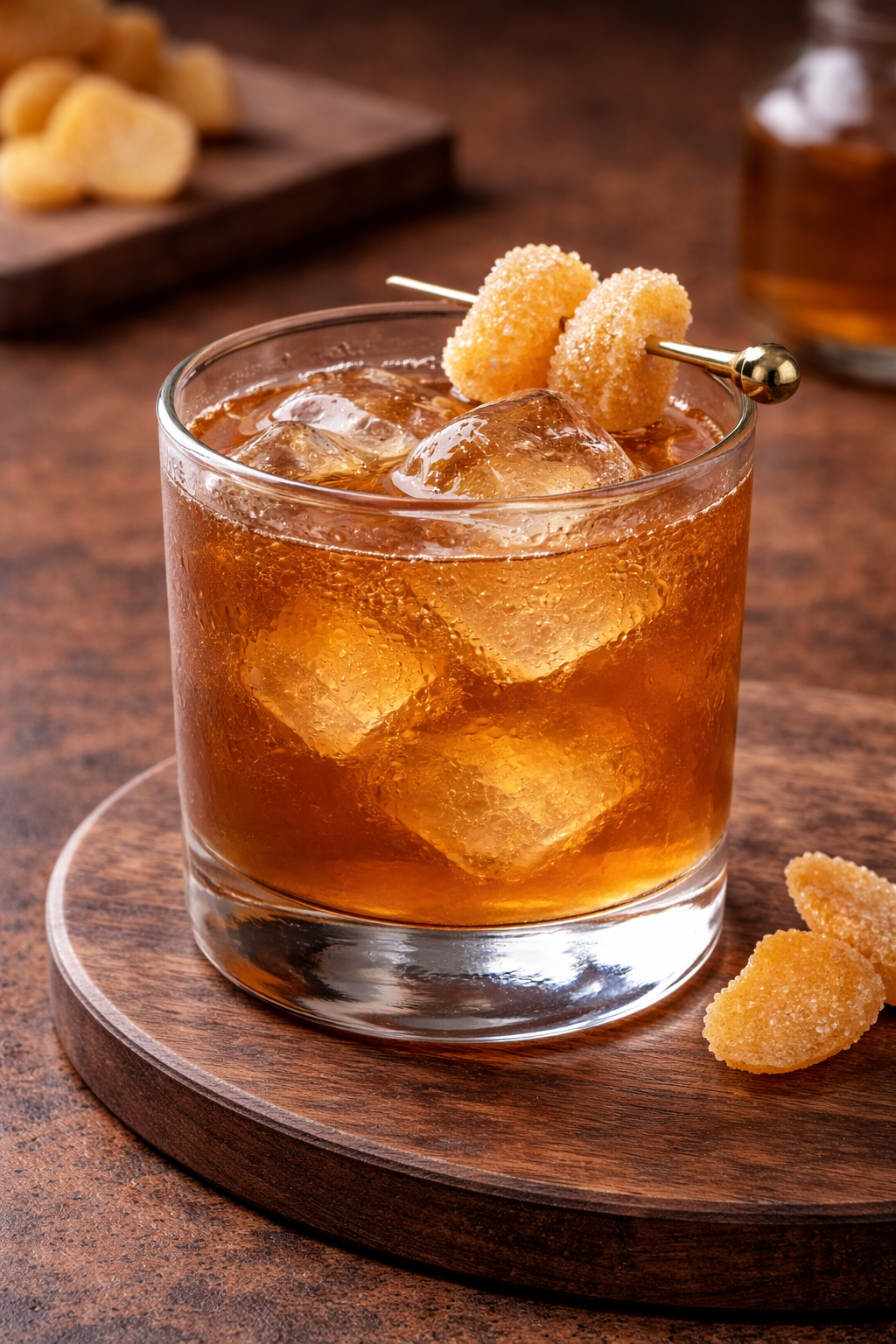 A glass of cocktail with an orange slice and cherry, with a bottle of bourbon whiskey and a bottle of orange bitters nearby on a dark table.