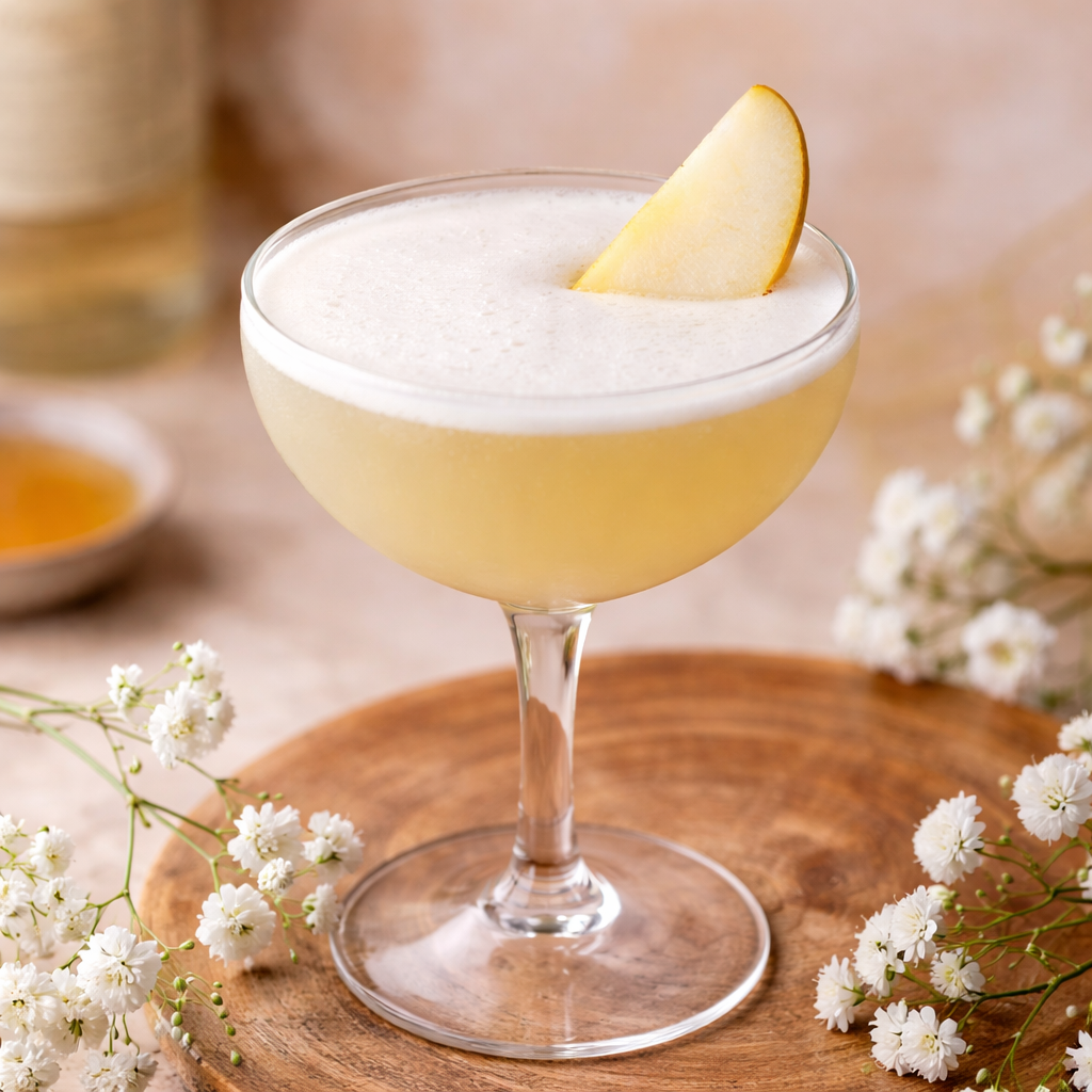 A glass jar of water with white elderflowers inside, surrounded by lemon slices, green leaves, and other elderflowers on a rustic wooden table, with a hand placing elderflowers into the jar.