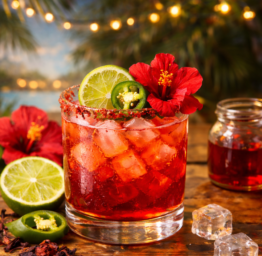 Close-up of a yellow-orange hibiscus flower with pink accents and water droplets on the petals, set against green foliage.