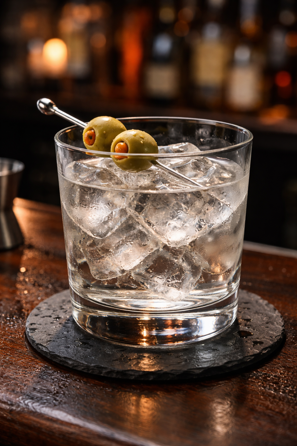 Clear mocktail with olive garnish