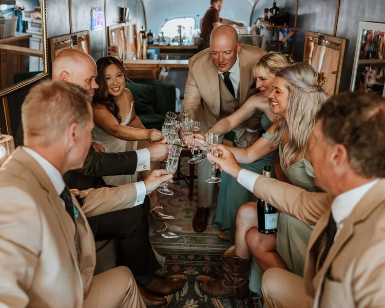 A wedding-party moment in the Stargazer mobile lounge.