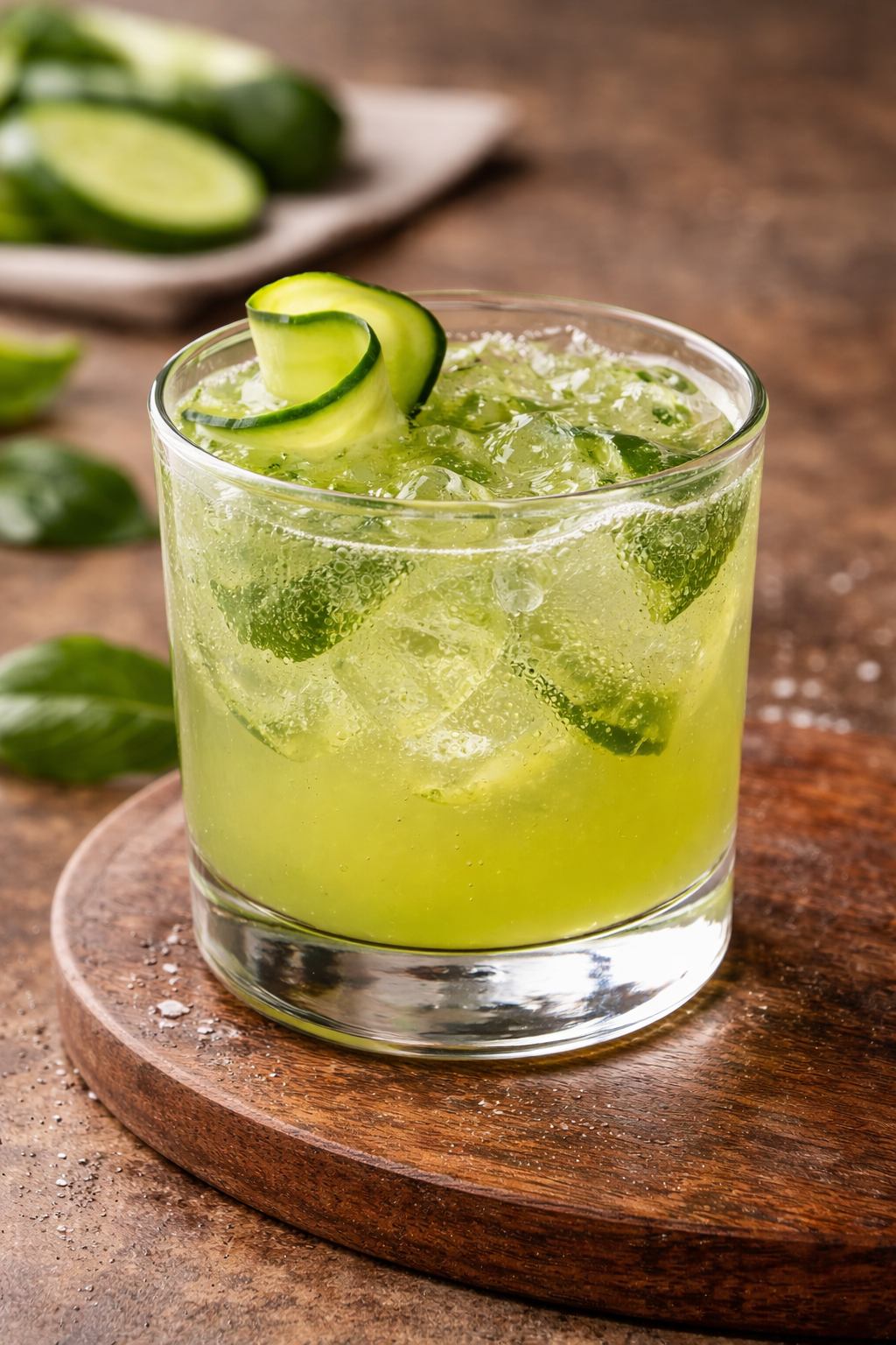 A sparkling mocktail with light green color and cucumber ribbon