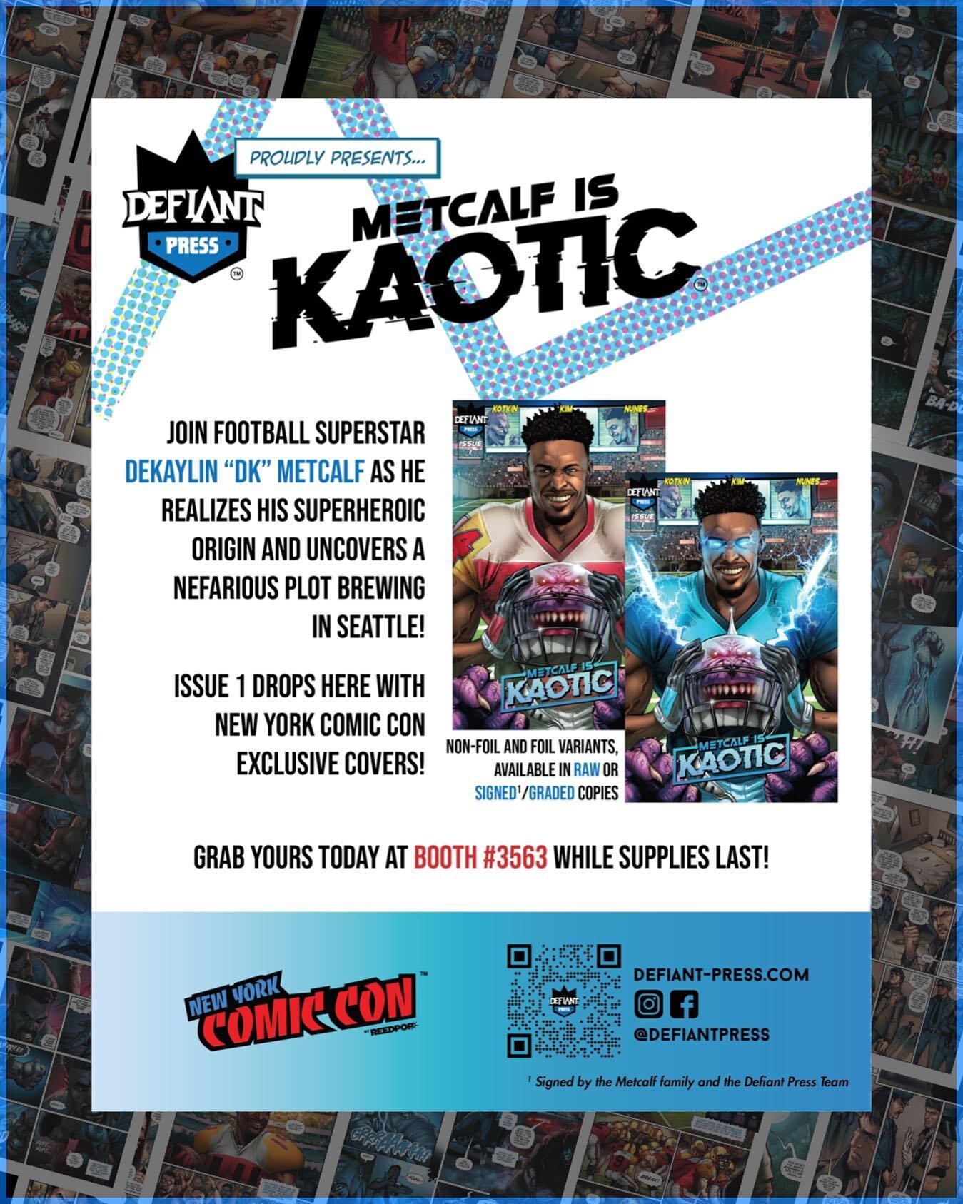 Day 2 of NYCC 2023! Now that we&rsquo;re full of falafel and breakfast burritos, we are raring to go! Come say hi at booth #3563 and inquire about our new book, &ldquo;Metcalf is Kaotic&rdquo;! 

#metcalfiskaotic #terrencemetcalf #dekaylinmetcalf #dk