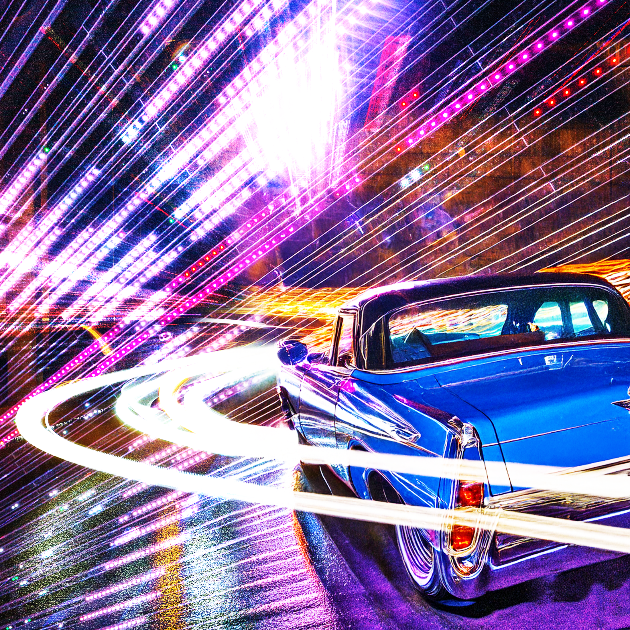 Blue retro car driving through beams of light and color diodes
