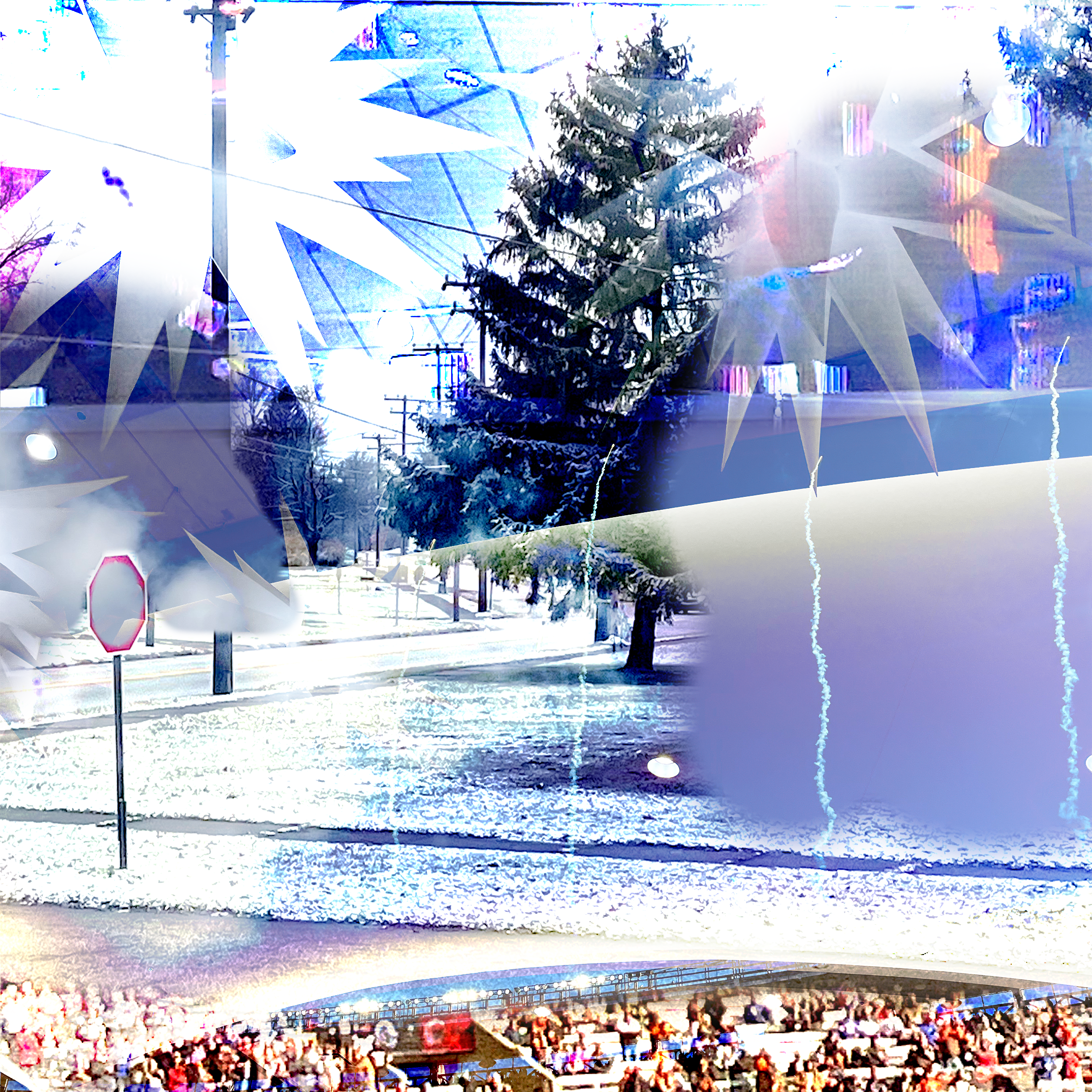 snowy street with trees and two other images - mall Christmas decorations and football stadium crowd -- layered on it
